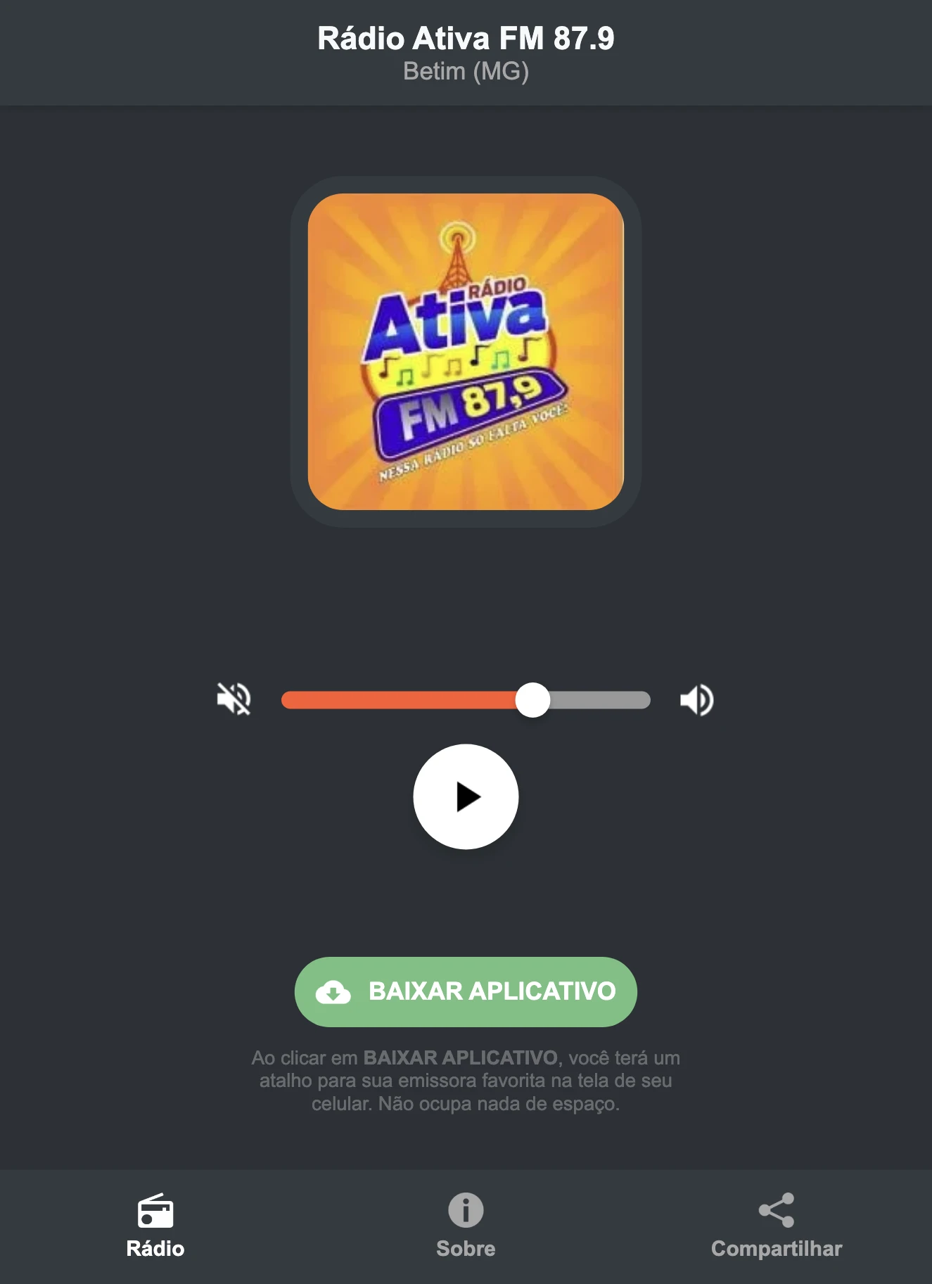 Screenshot do aplicativo da Rádio Ativa FM 87.9
