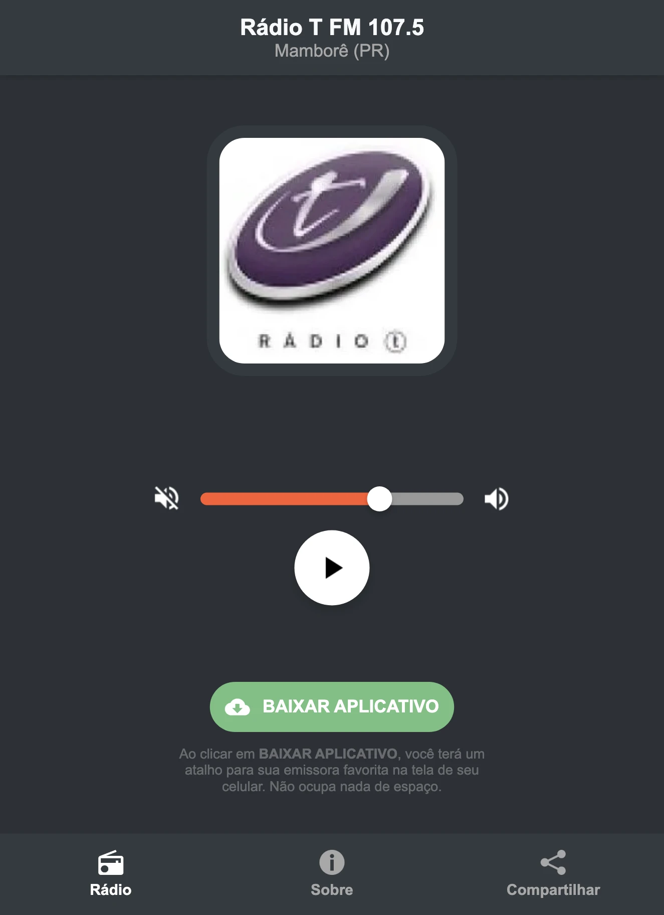 Screenshot do aplicativo da Rádio T FM 107.5