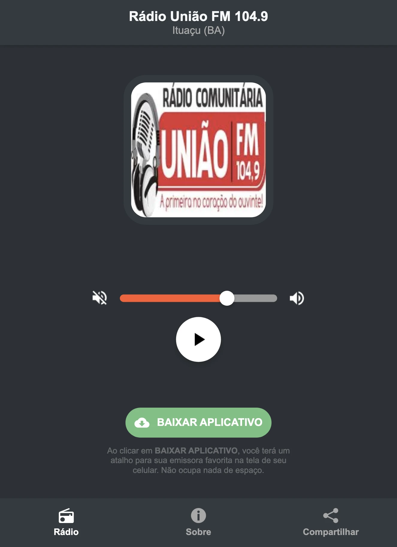 Screenshot do aplicativo da Rádio União FM 104.9