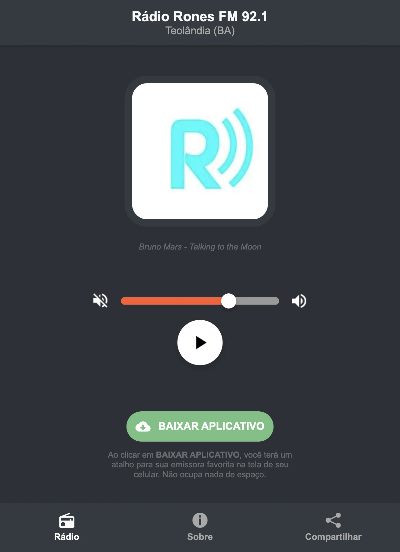 Screenshot do aplicativo da Rádio Rones FM 92.1