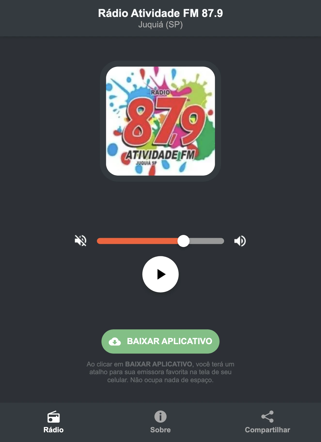 Screenshot do aplicativo da Rádio Atividade FM 87.9