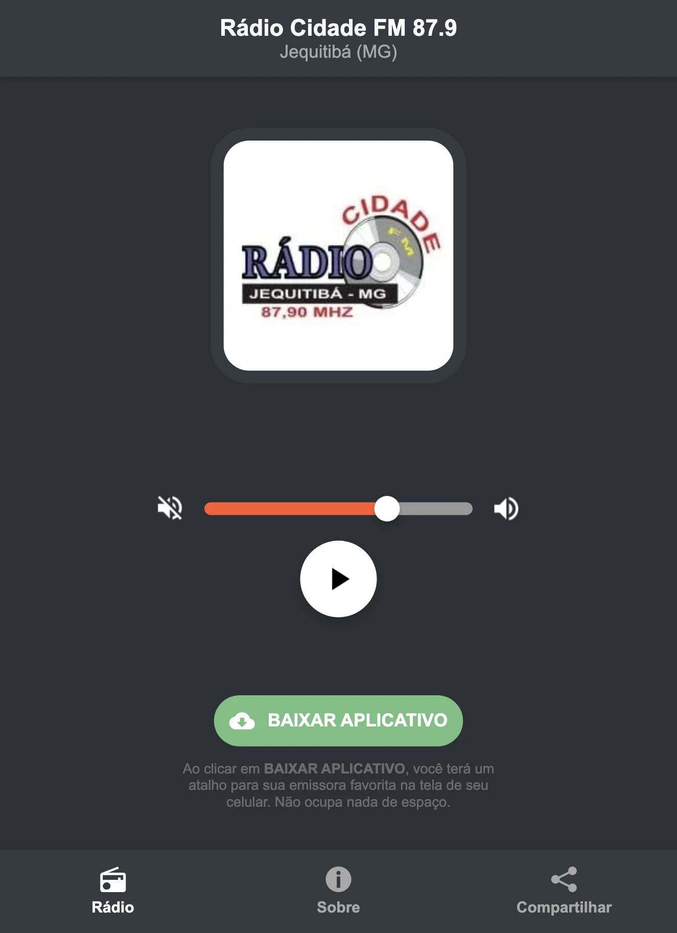 Screenshot do aplicativo da Rádio Cidade FM 87.9