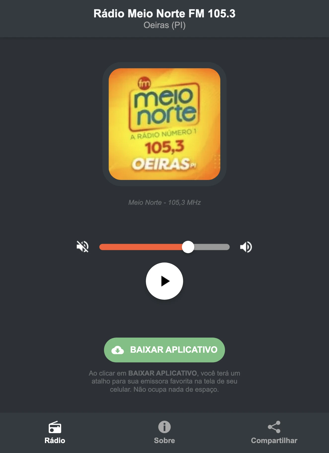 Screenshot do aplicativo da Rádio Meio Norte FM 105.3