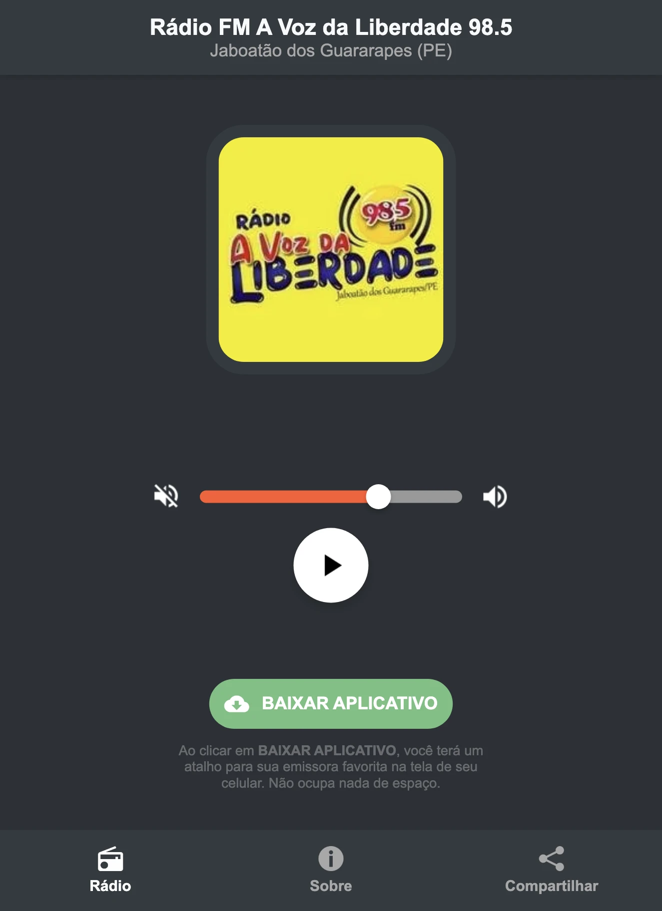 Screenshot do aplicativo da Rádio FM A Voz da Liberdade 98.5
