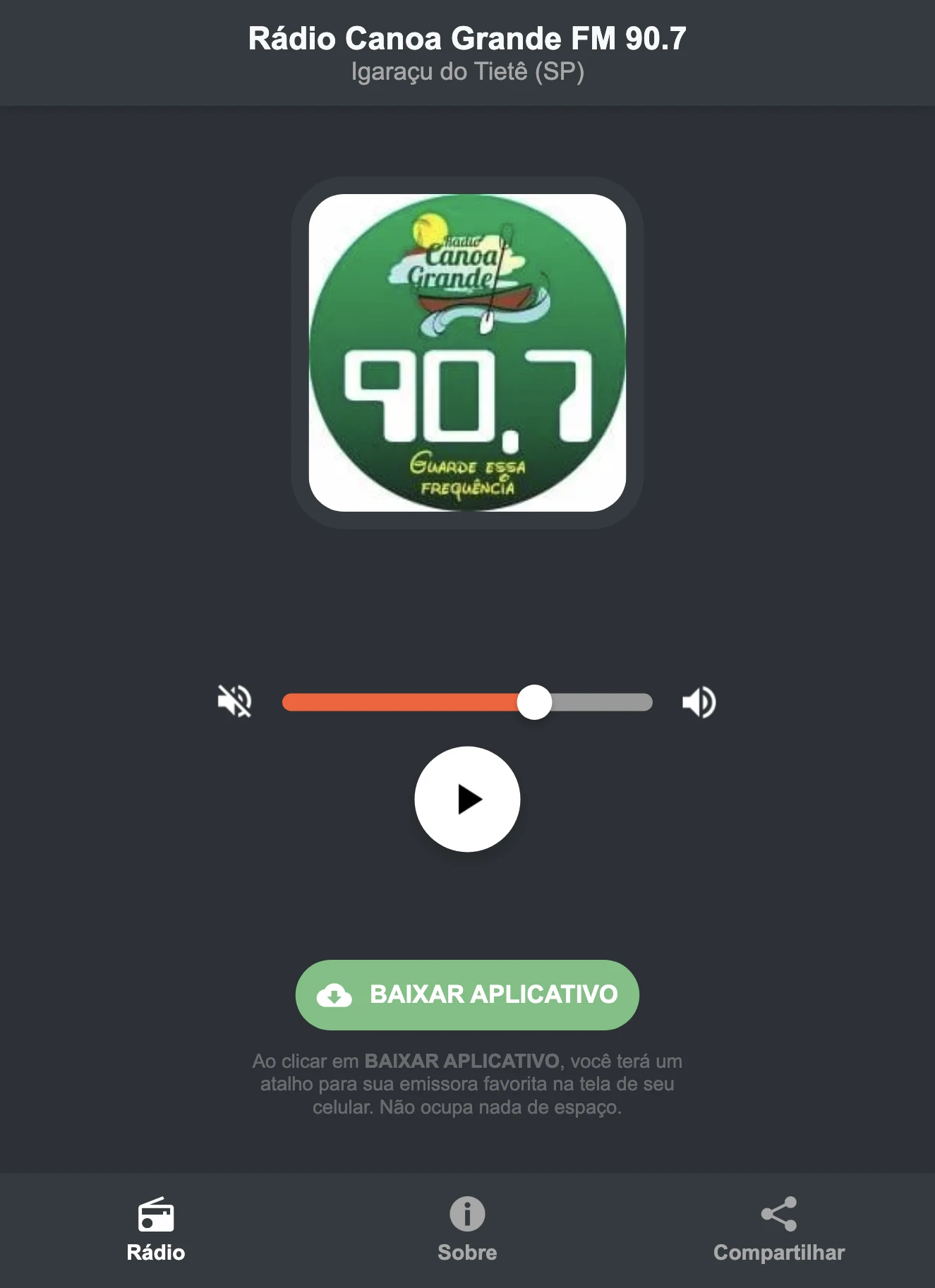 Screenshot do aplicativo da Rádio Canoa Grande FM 90.7