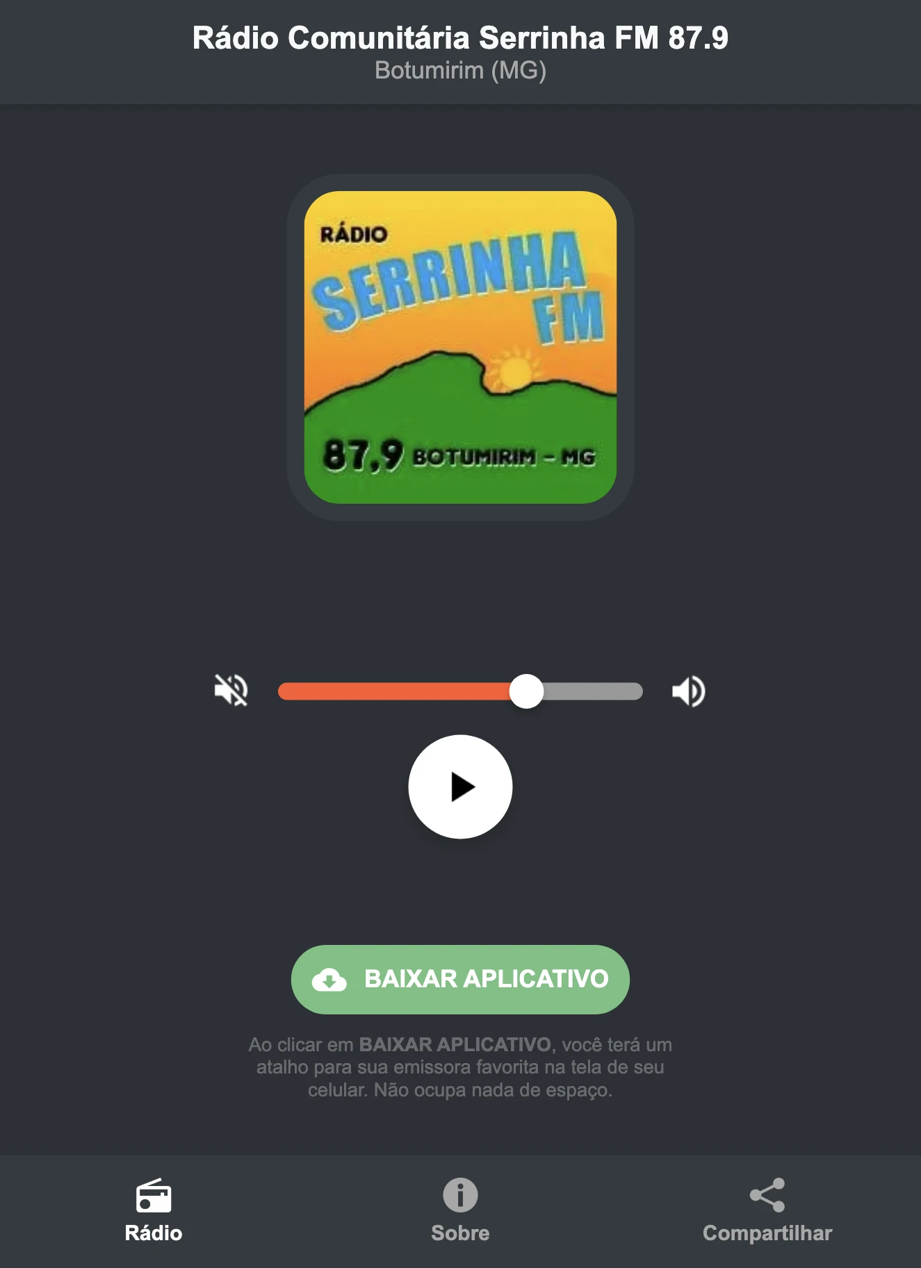 Screenshot do aplicativo da Rádio Comunitária Serrinha FM 87.9