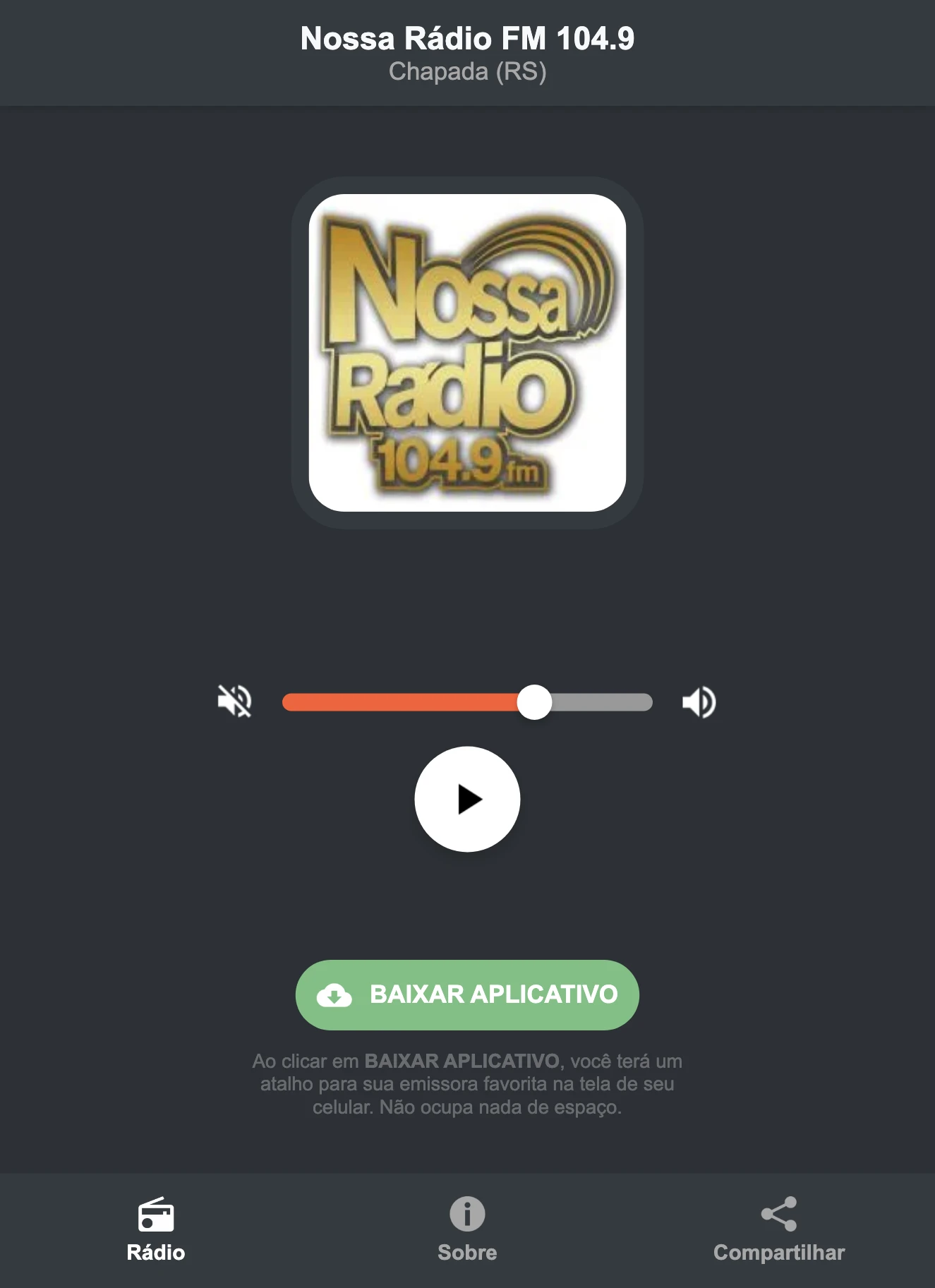 Screenshot do aplicativo da Nossa Rádio FM 104.9