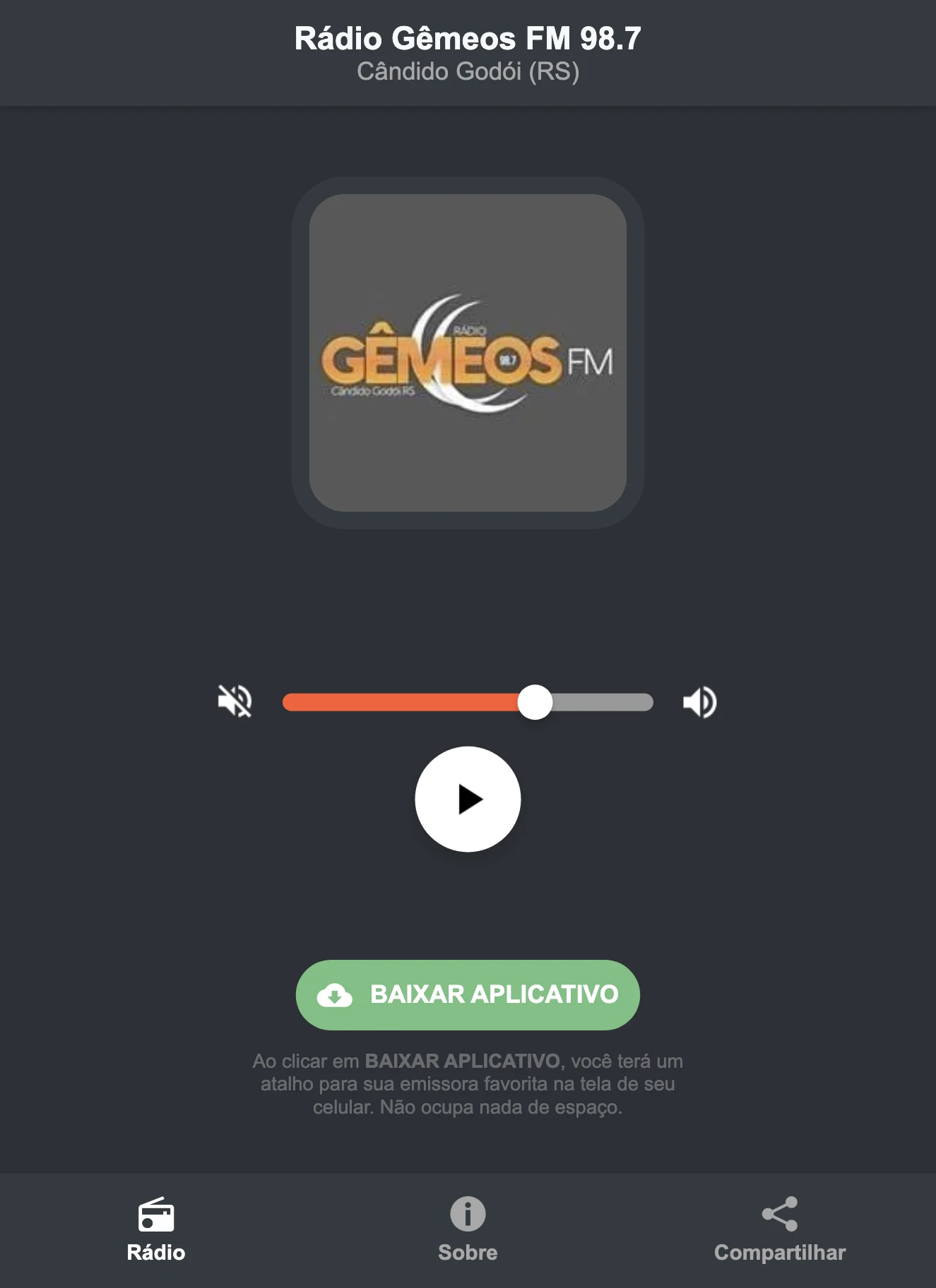 Screenshot do aplicativo da Rádio Gêmeos FM 98.7