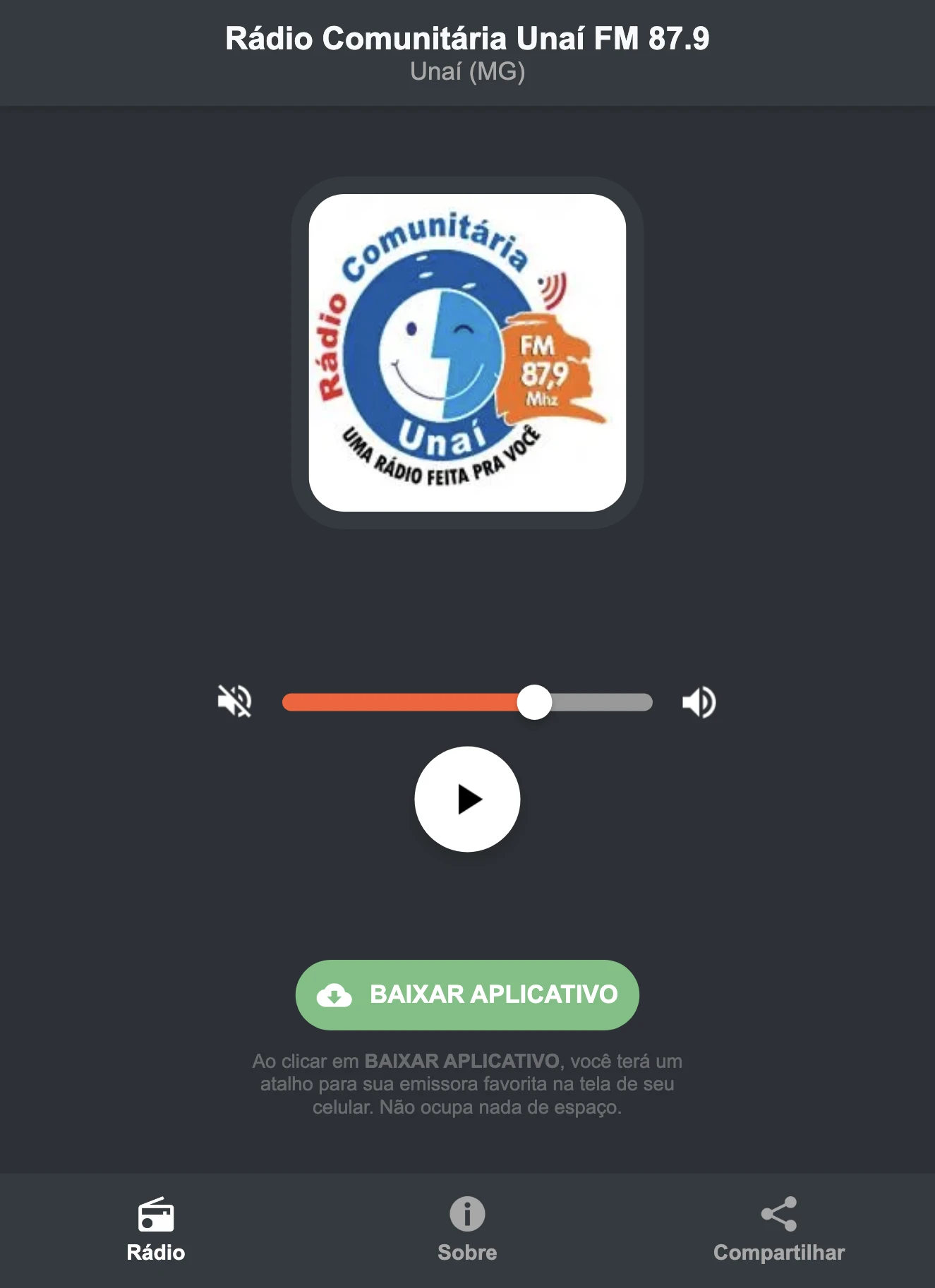 Screenshot do aplicativo da Rádio Comunitária Unaí FM 87.9