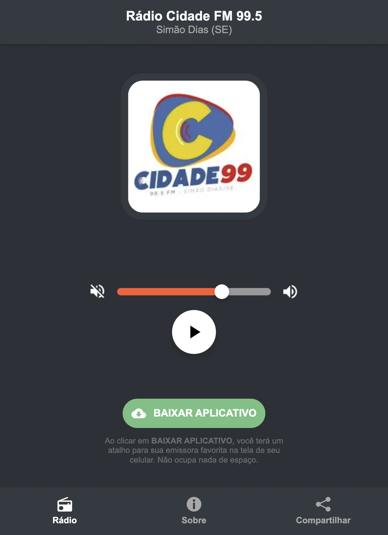 Screenshot do aplicativo da Rádio Cidade FM 99.5