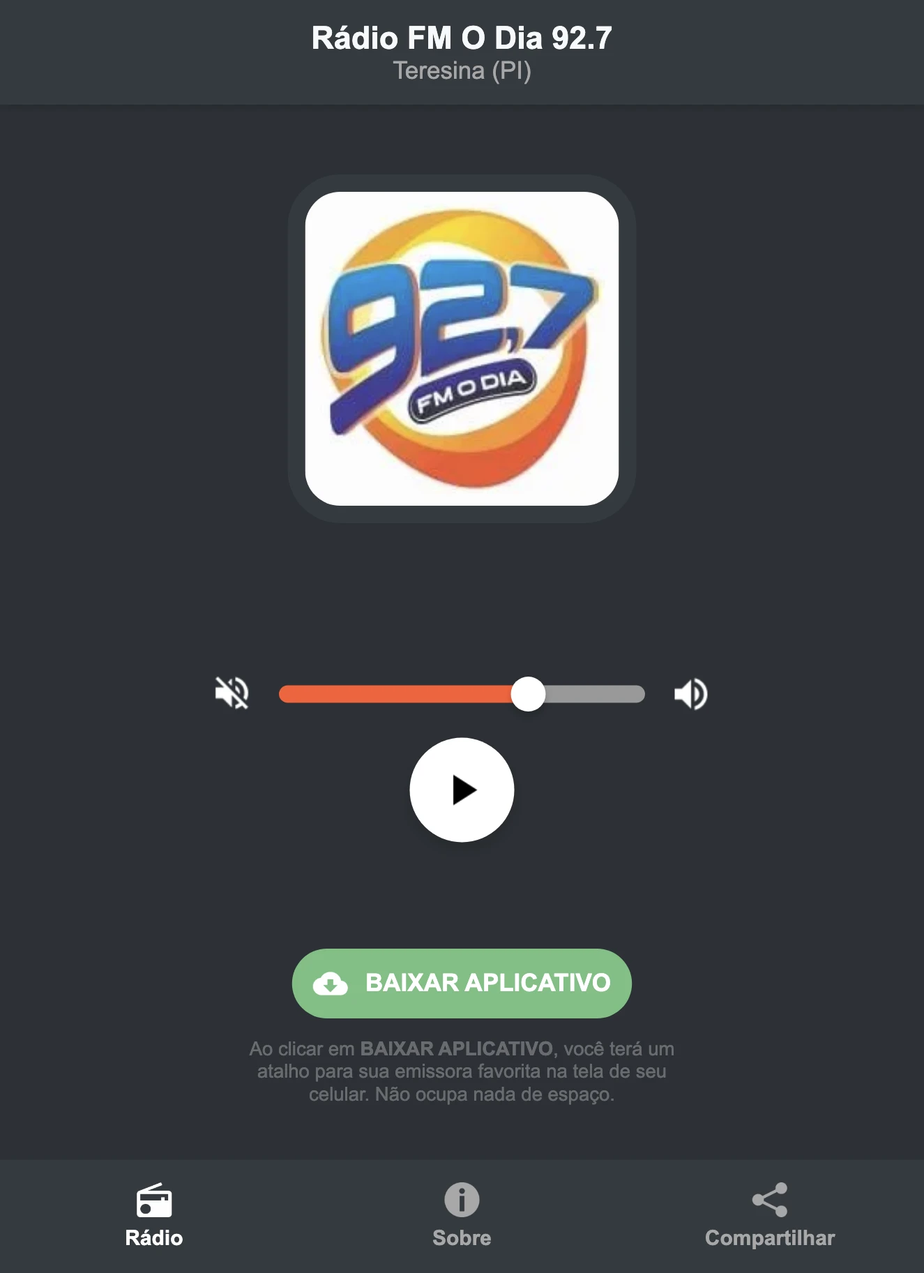 Screenshot do aplicativo da Rádio FM O Dia 92.7