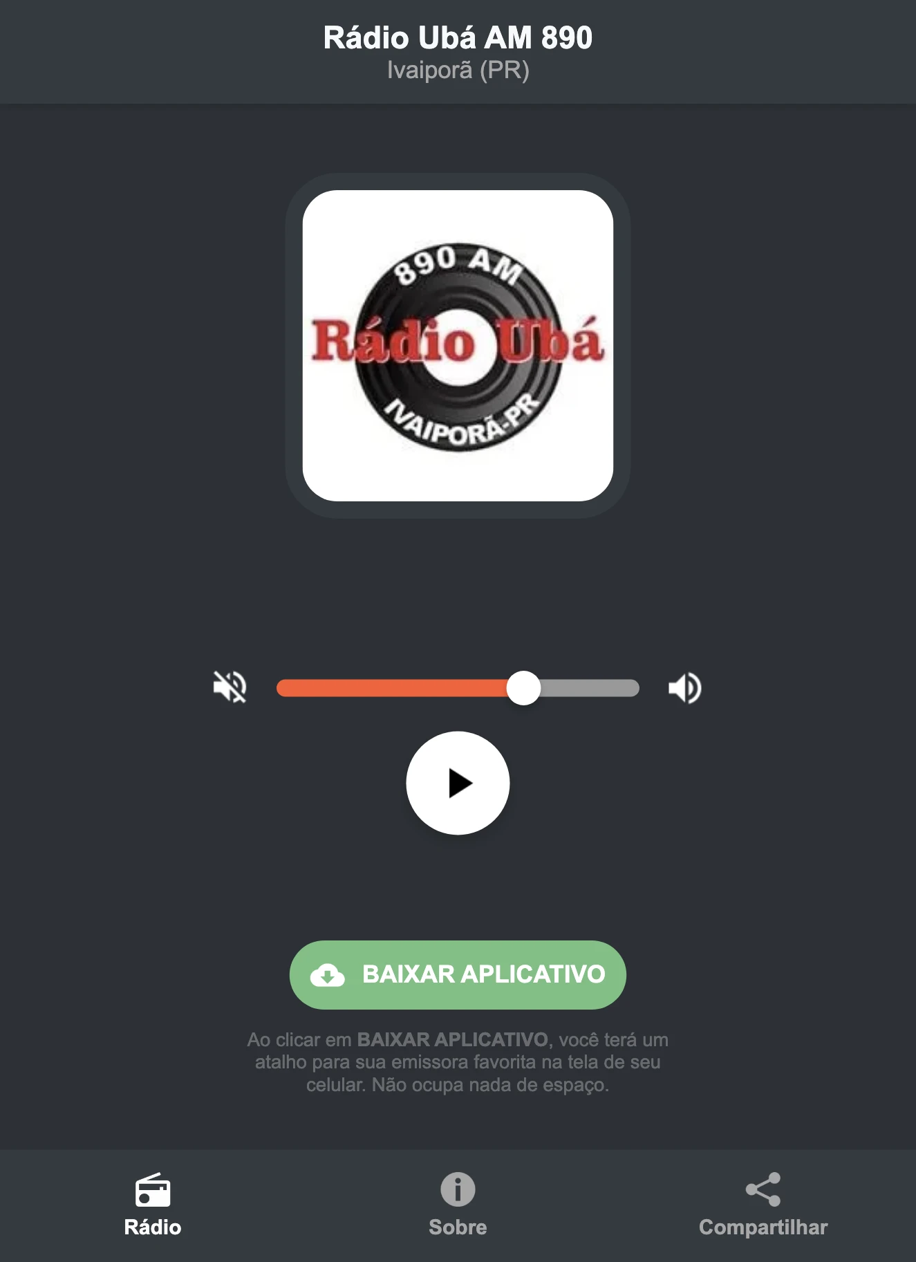 Screenshot do aplicativo da Rádio Ubá AM 890