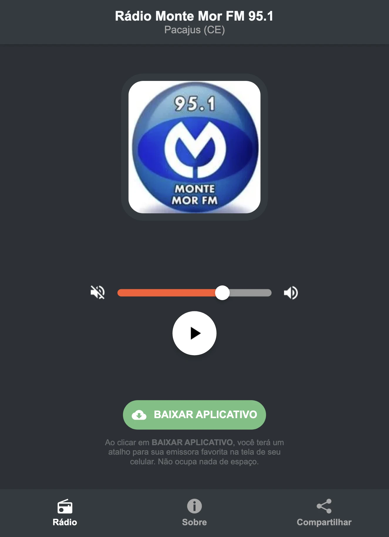 Screenshot do aplicativo da Rádio Monte Mor FM 95.1
