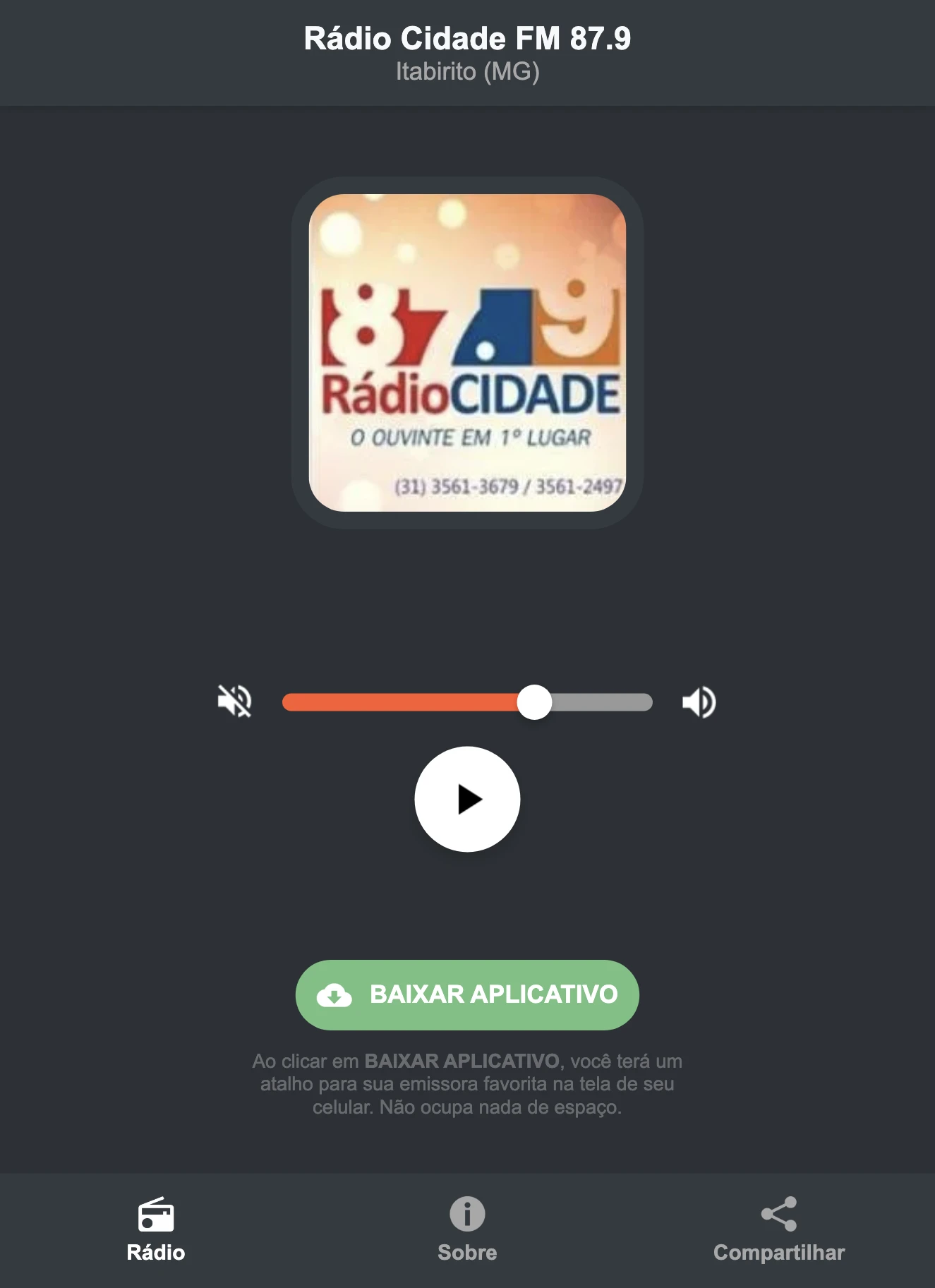 Screenshot do aplicativo da Rádio Cidade FM 87.9