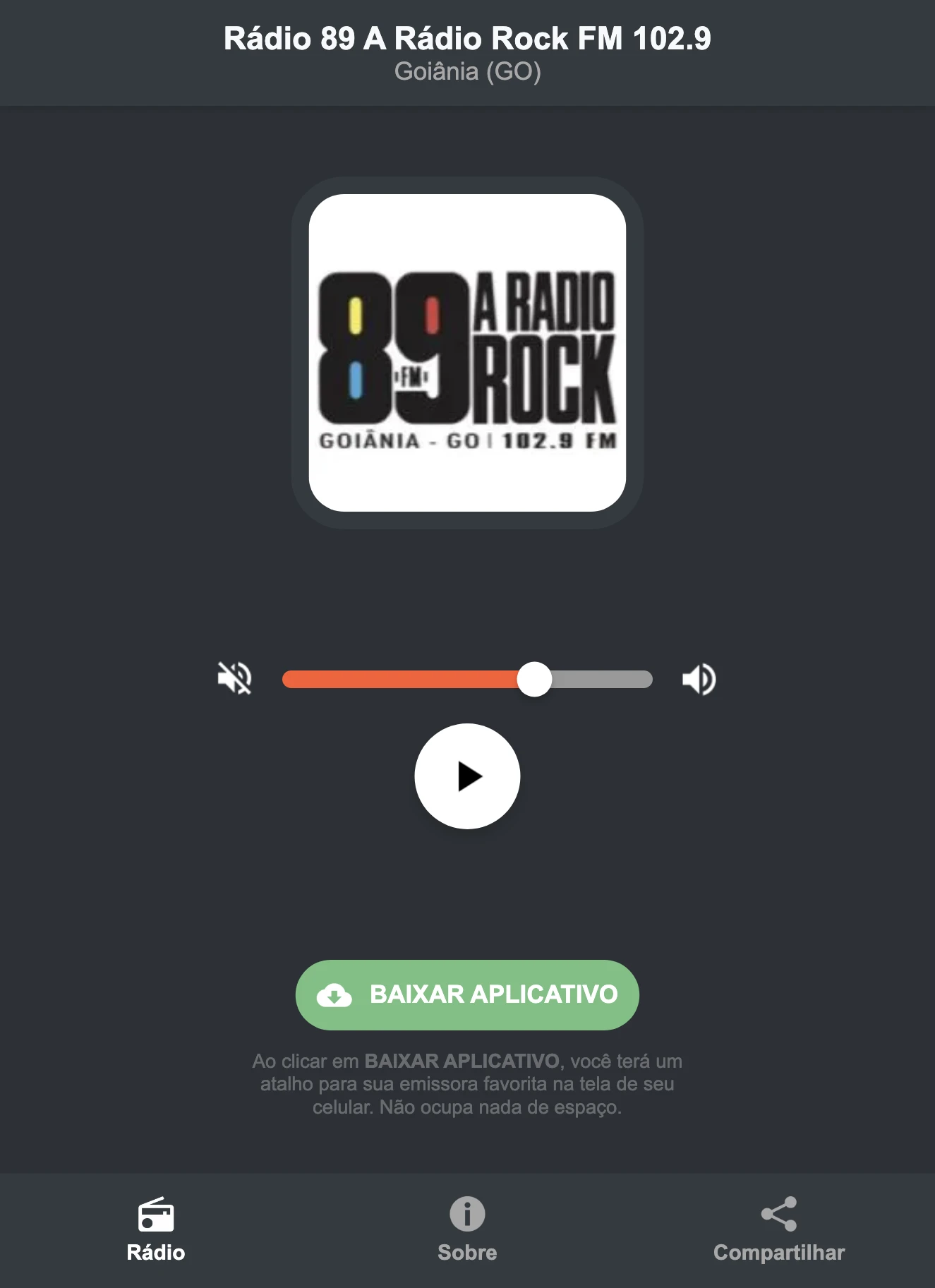 Screenshot do aplicativo da Rádio 89 A Rádio Rock FM 102.9