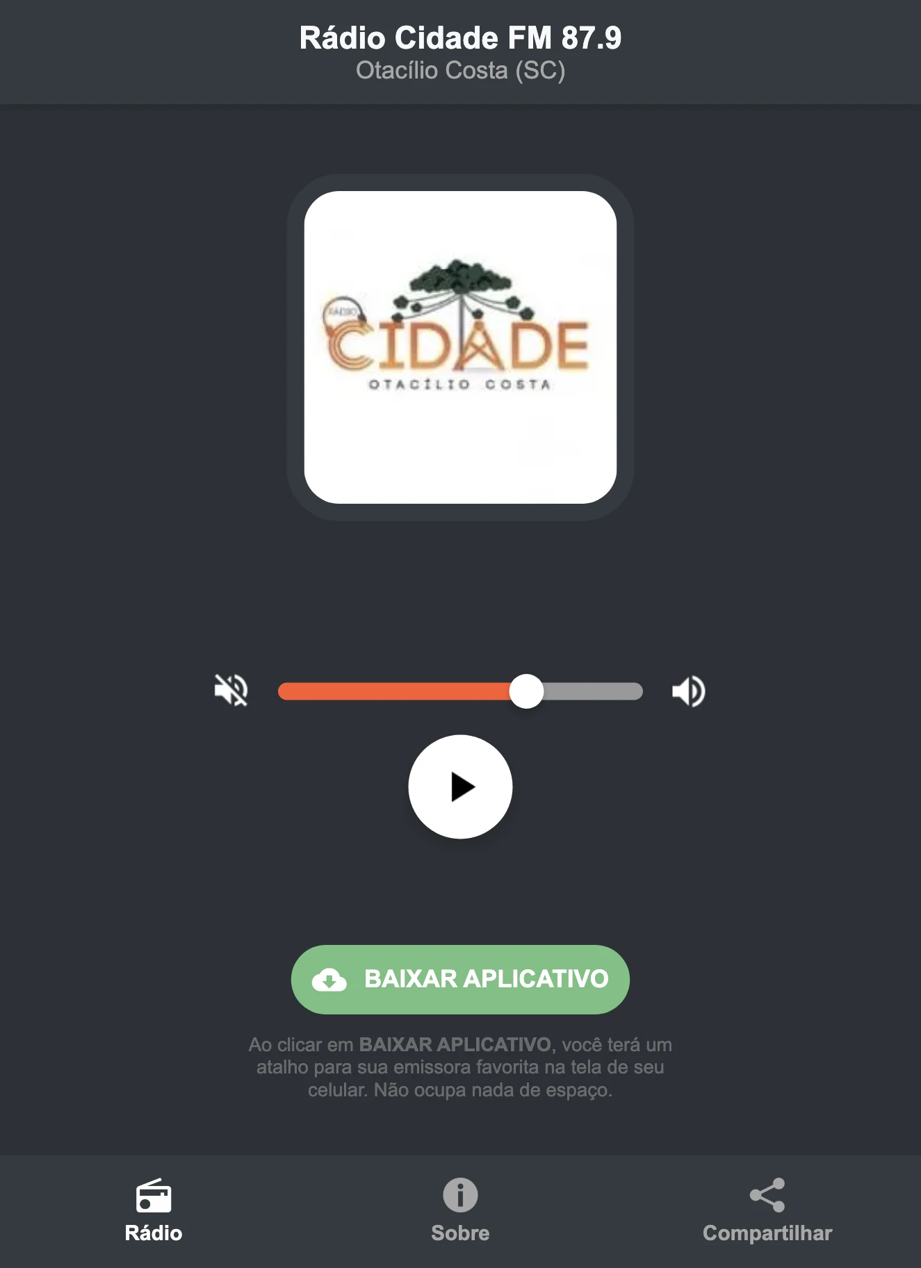 Screenshot do aplicativo da Rádio Cidade FM 87.9