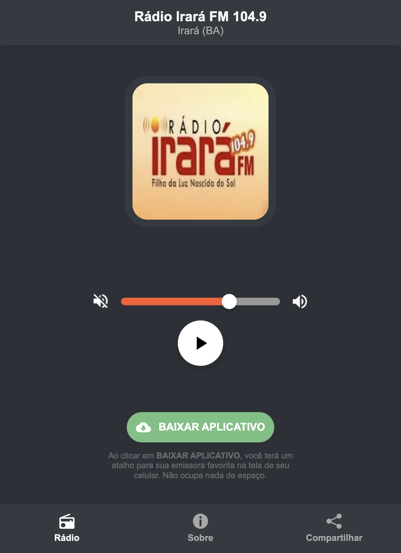 Screenshot do aplicativo da Rádio Irará FM 104.9
