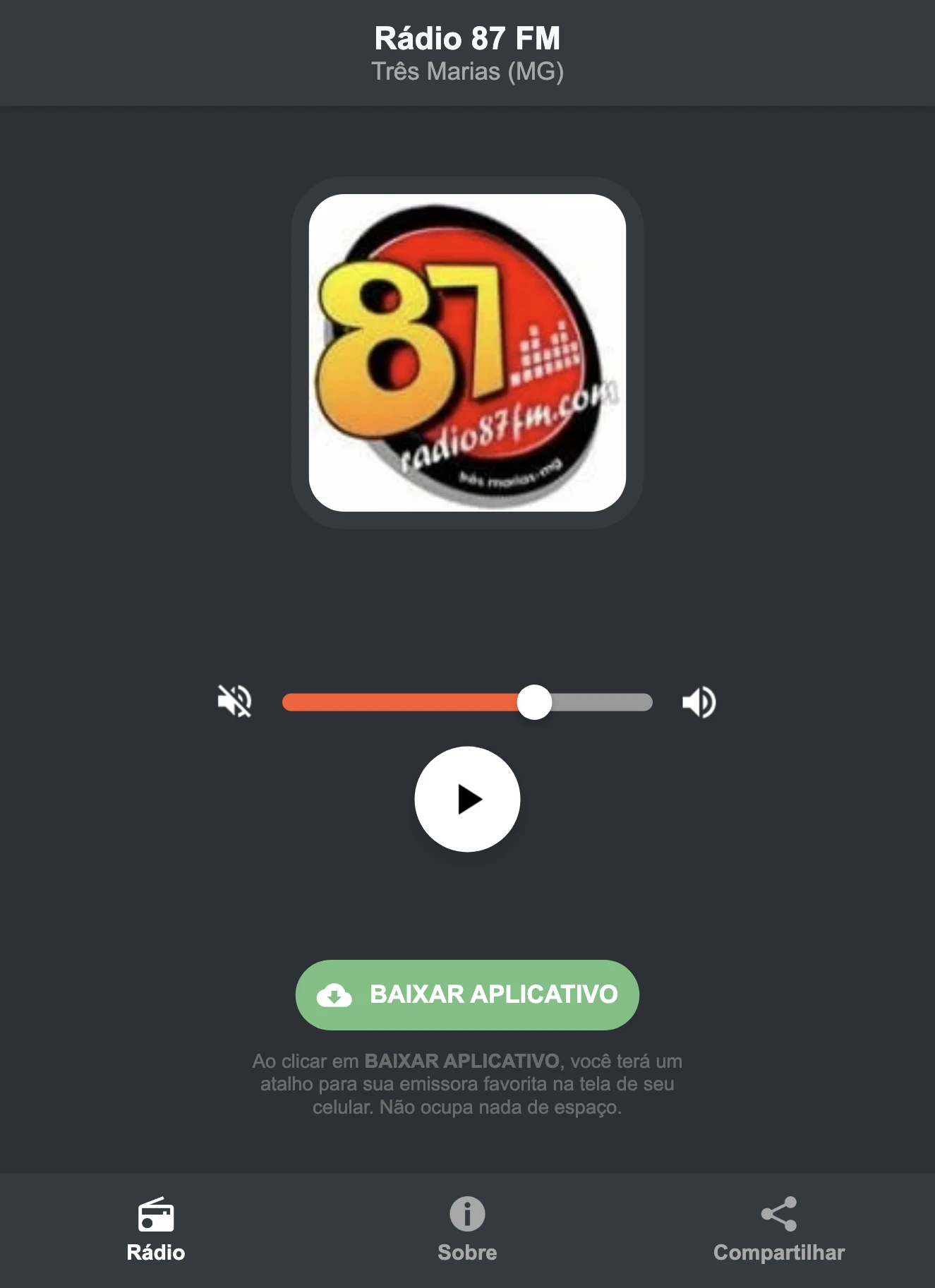 Screenshot do aplicativo da Rádio 87 FM