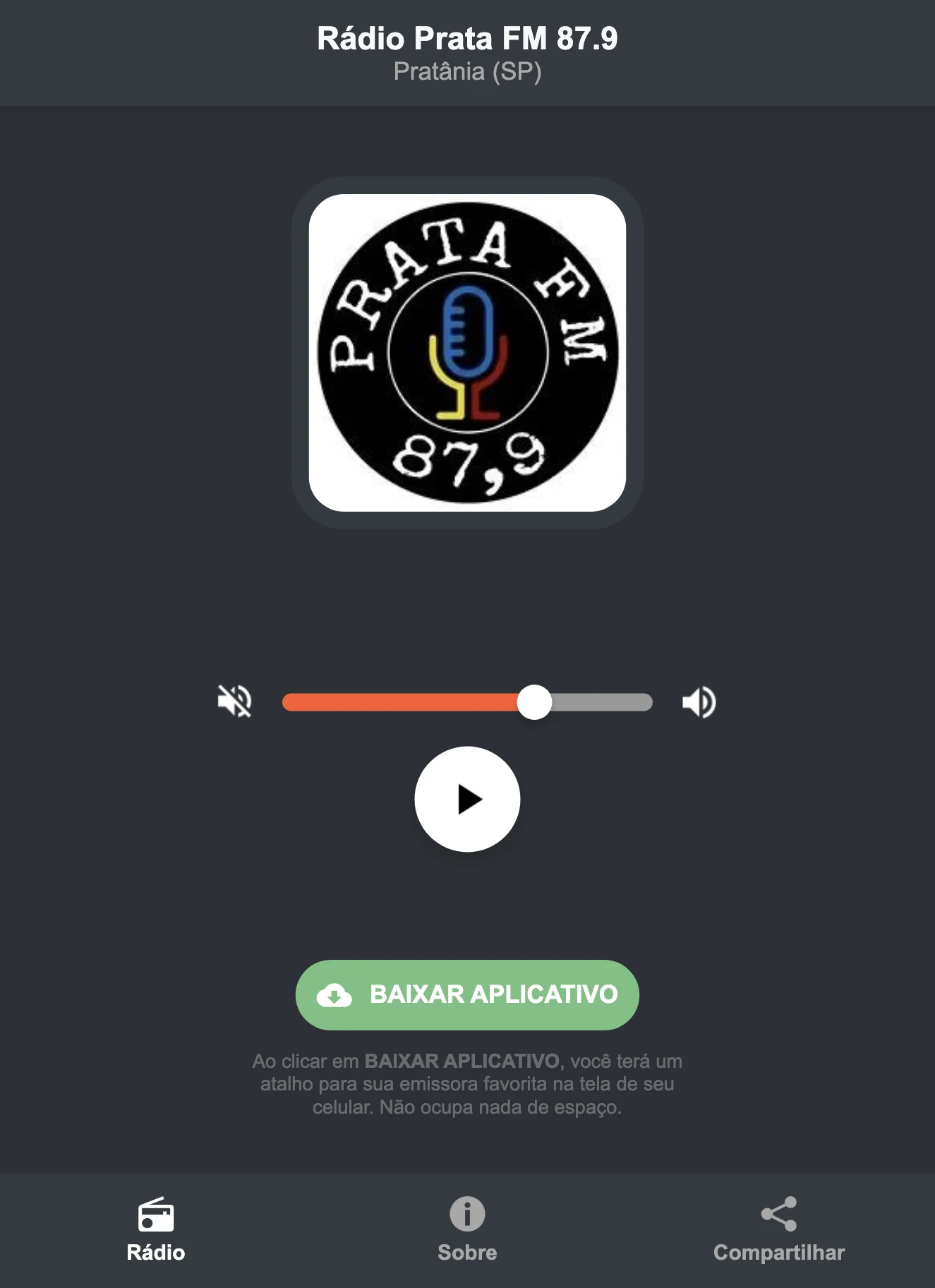 Screenshot do aplicativo da Rádio Prata FM 87.9