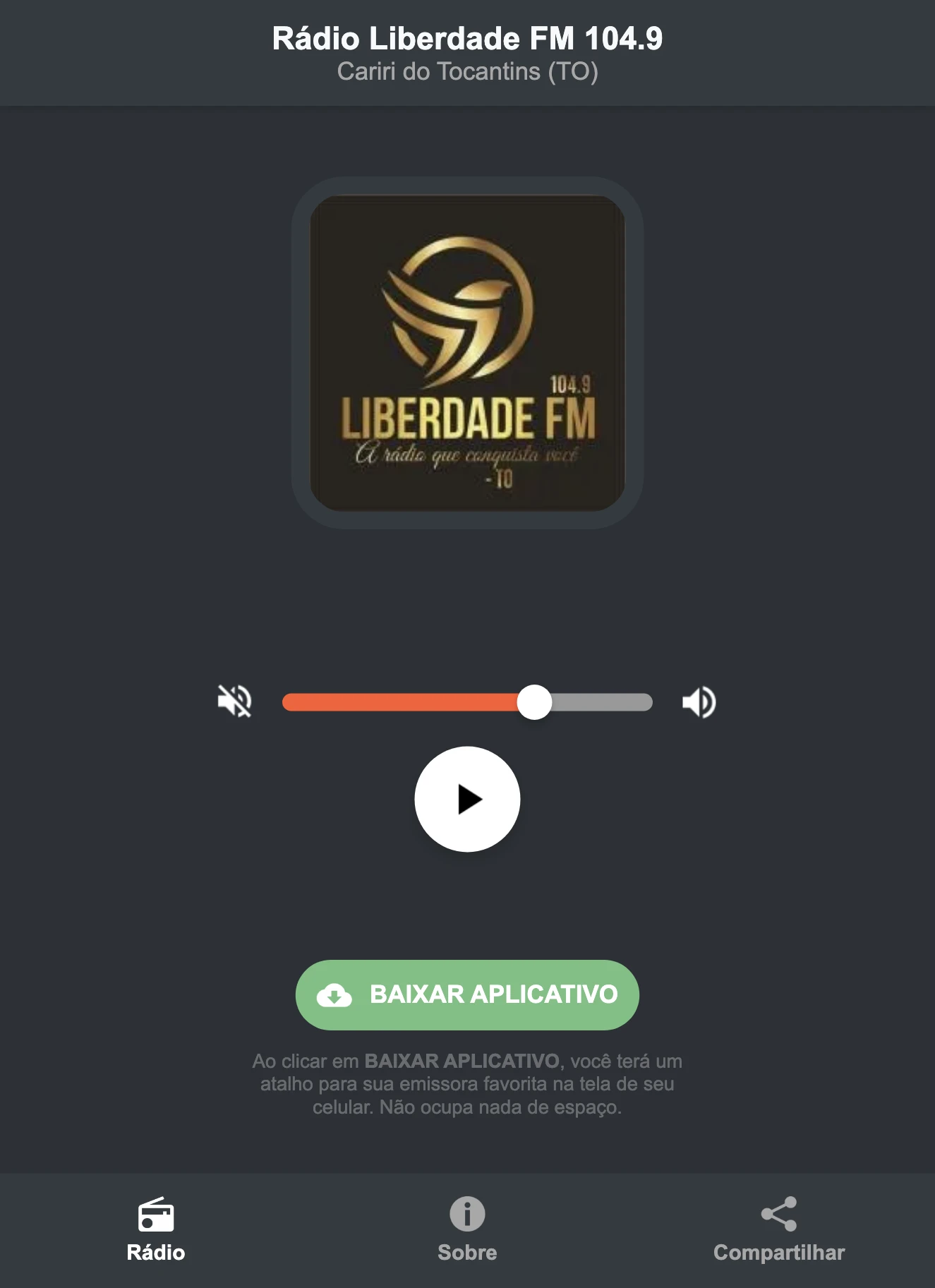 Screenshot do aplicativo da Rádio Liberdade FM 104.9