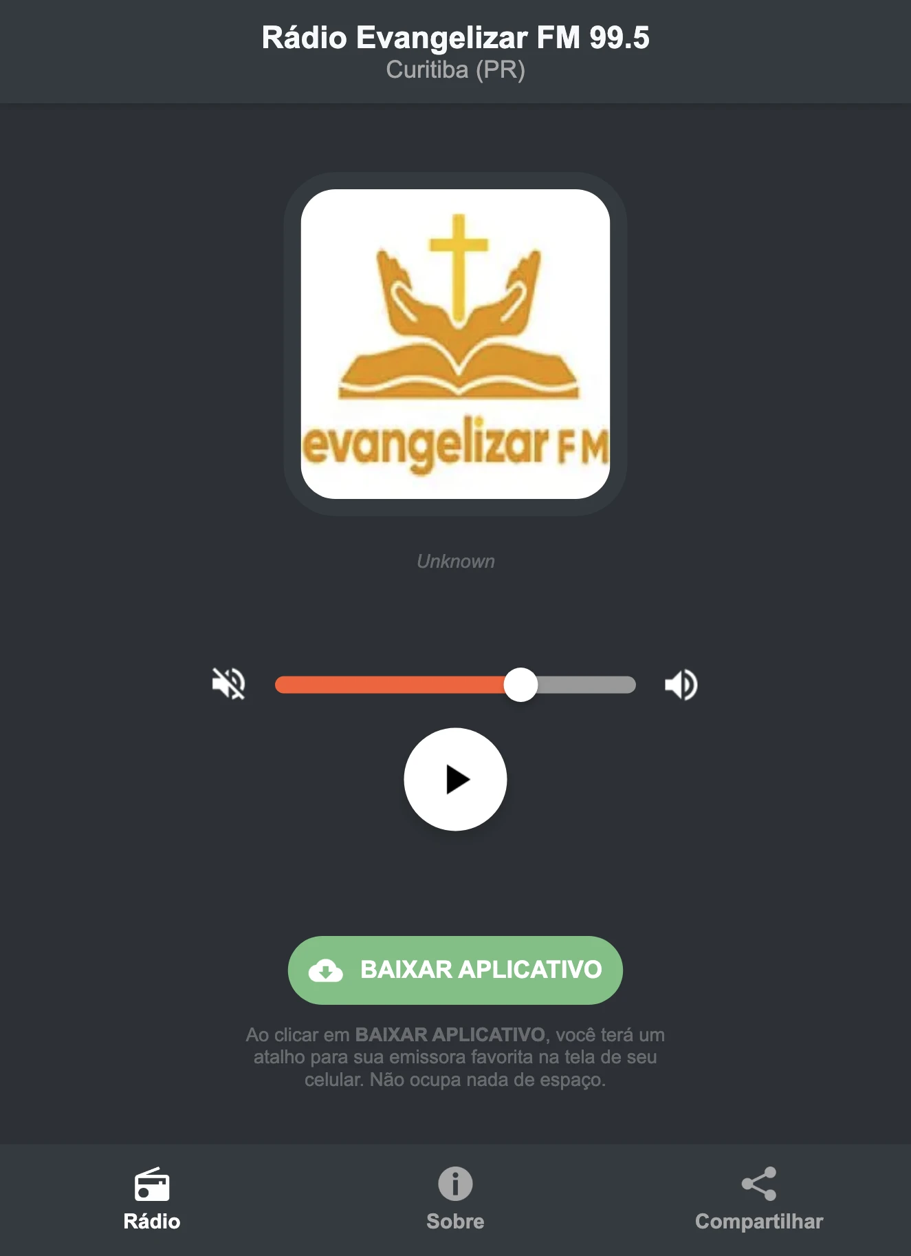 Screenshot do aplicativo da Rádio Evangelizar FM 99.5
