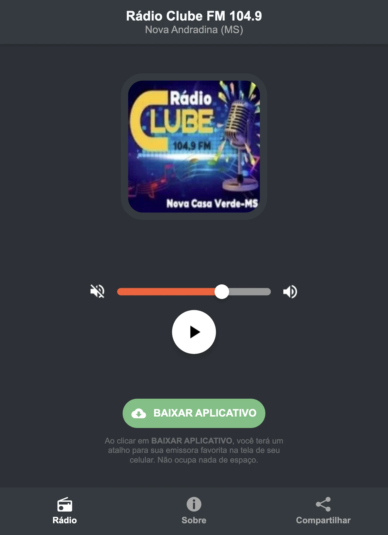 Screenshot do aplicativo da Rádio Clube FM 104.9