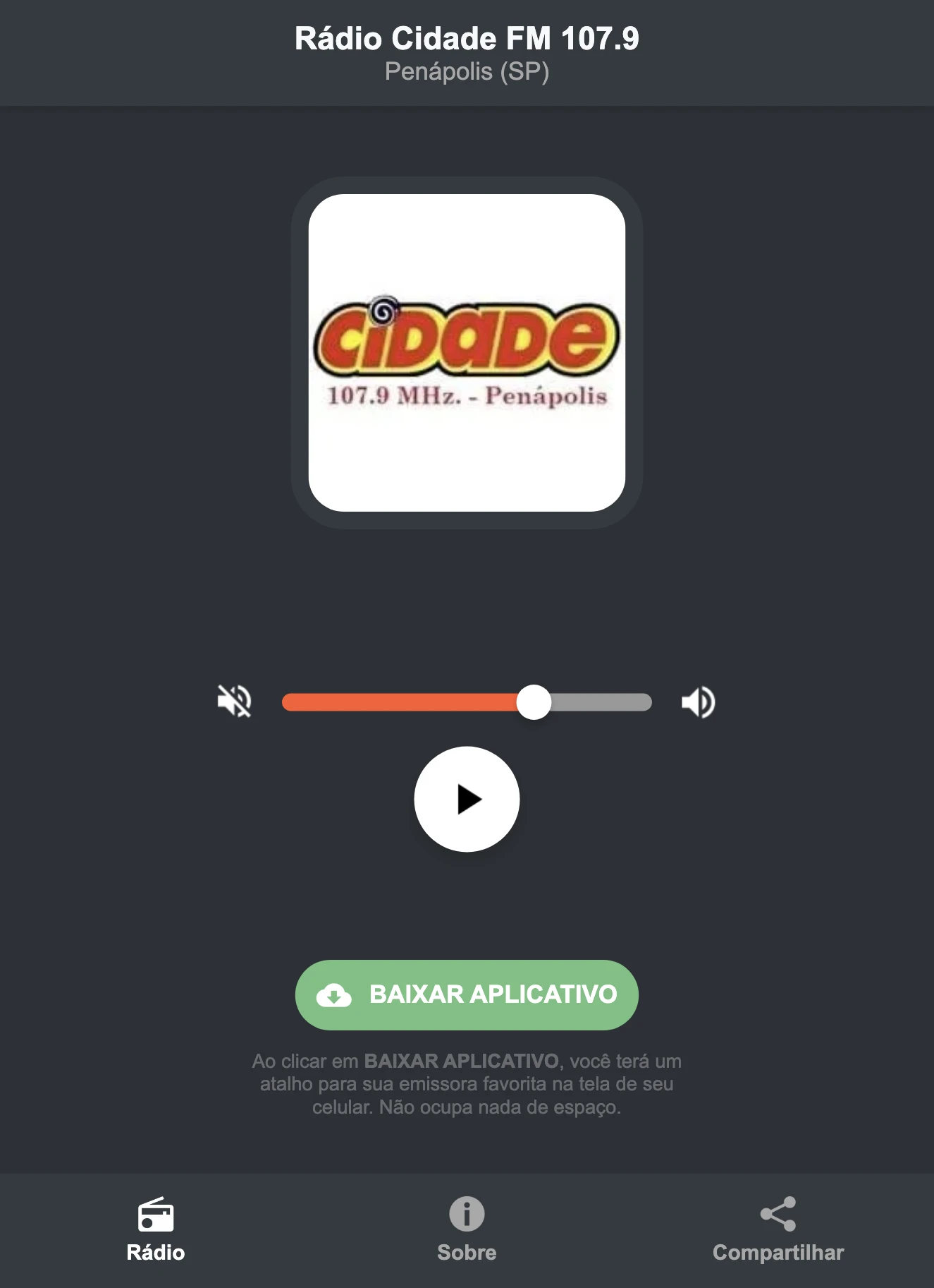 Screenshot do aplicativo da Rádio Cidade FM 107.9