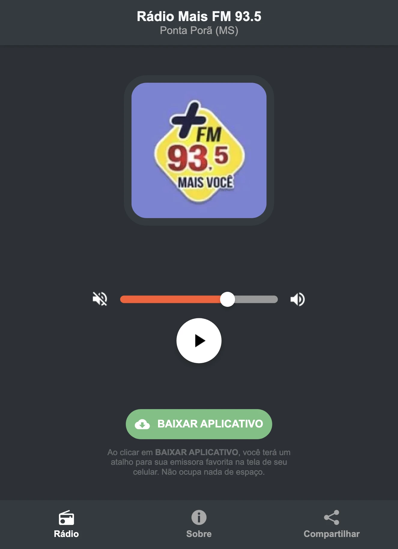 Screenshot do aplicativo da Rádio Mais FM 93.5