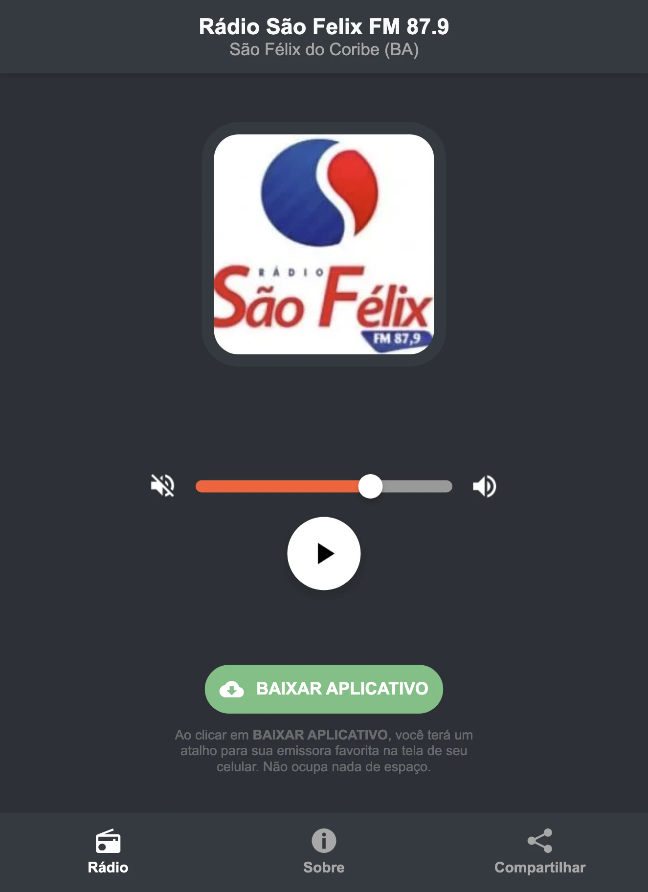 Screenshot do aplicativo da Rádio São Felix FM 87.9