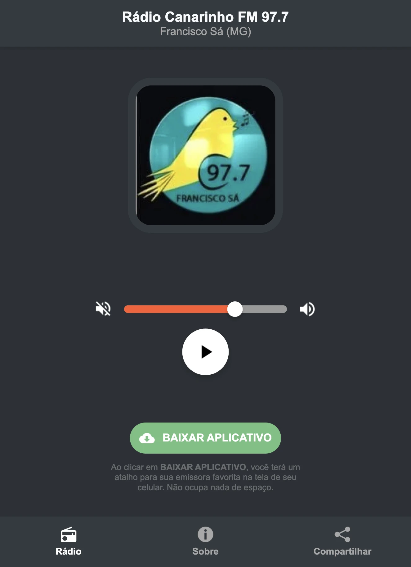 Screenshot do aplicativo da Rádio Canarinho FM 97.7