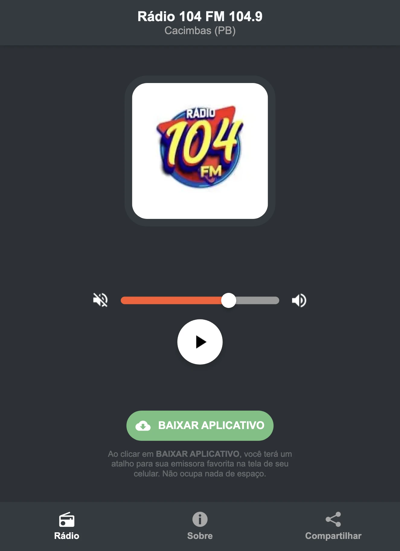 Screenshot do aplicativo da Rádio 104 FM 104.9