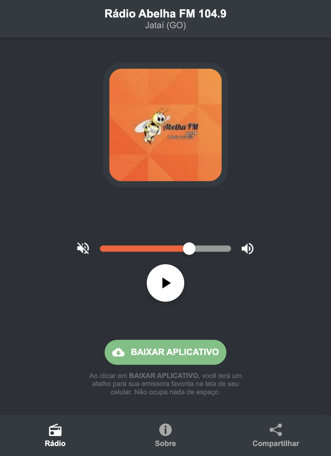 Screenshot do aplicativo da Rádio Abelha FM 104.9