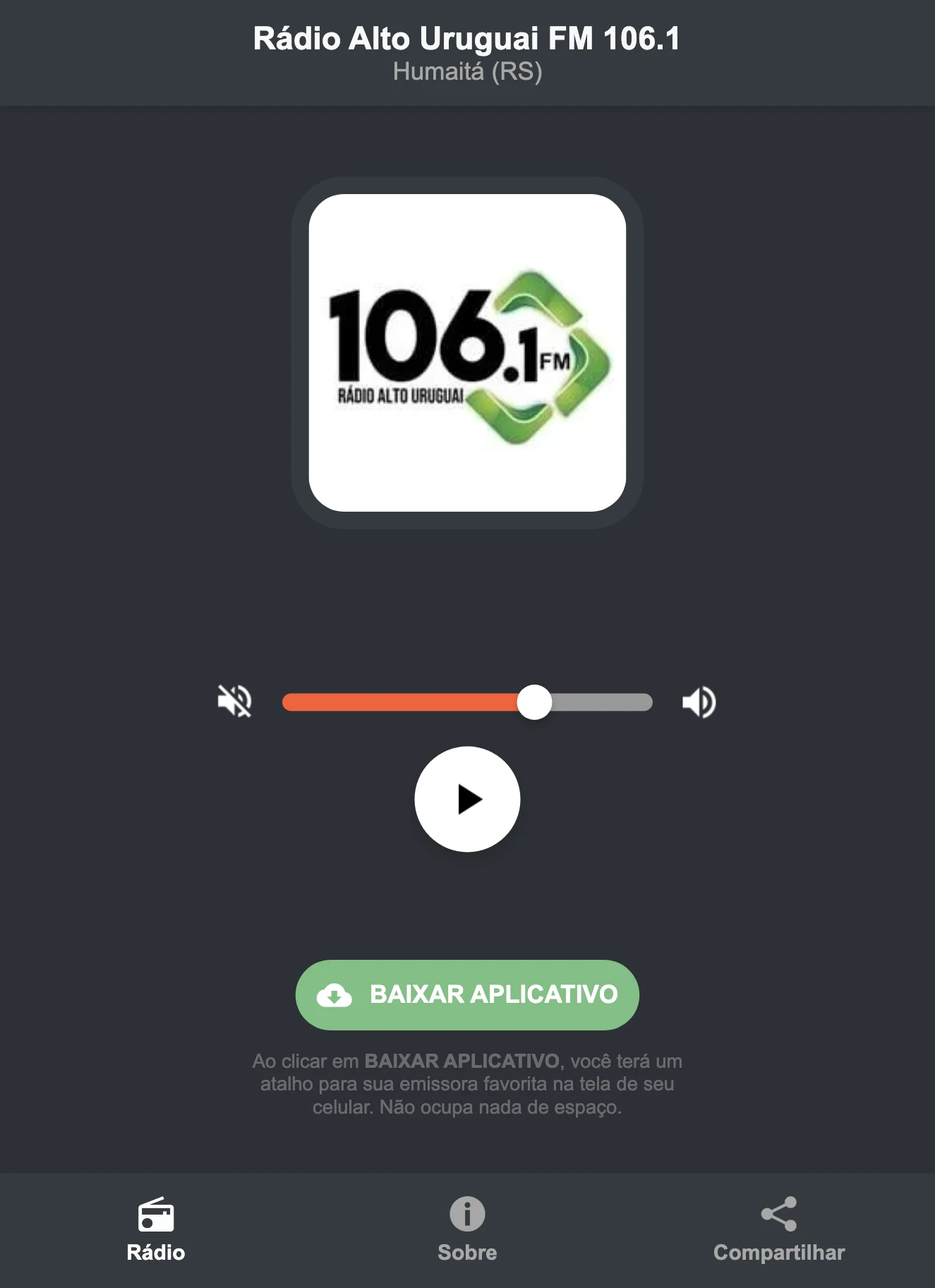 Screenshot do aplicativo da Rádio Alto Uruguai FM 106.1