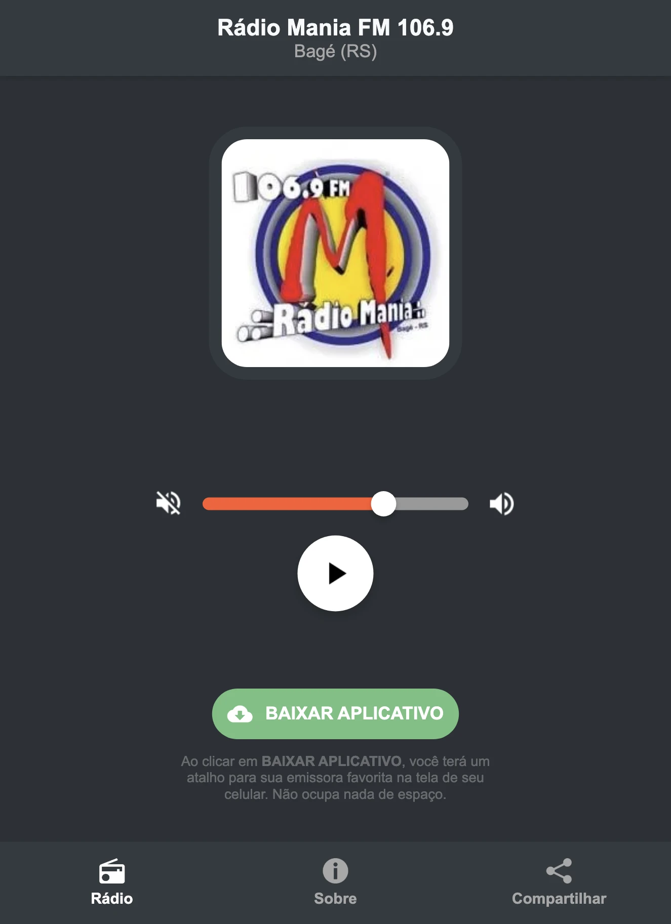 Screenshot do aplicativo da Rádio Mania FM 106.9
