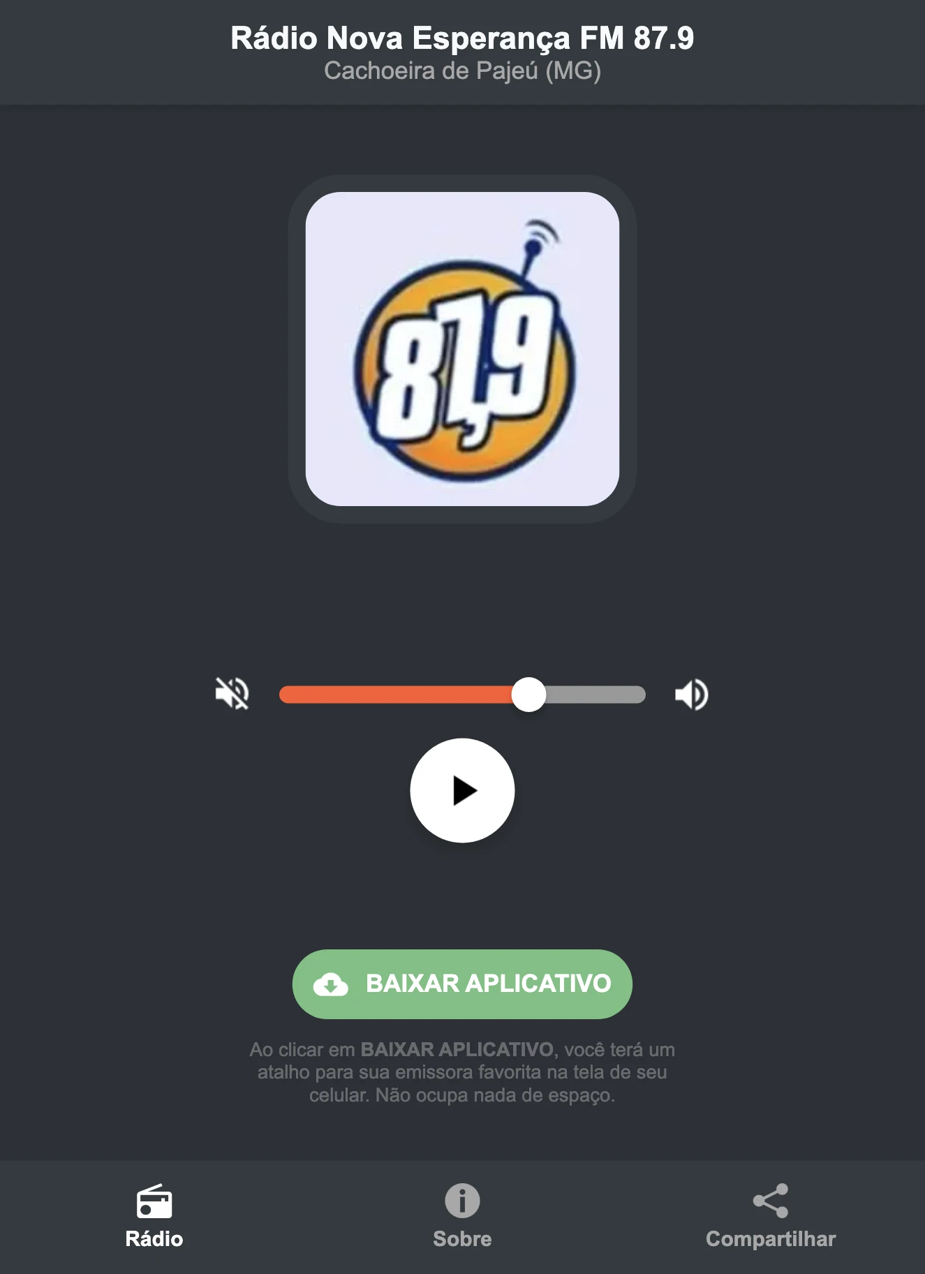 Screenshot do aplicativo da Rádio Nova Esperança FM 87.9