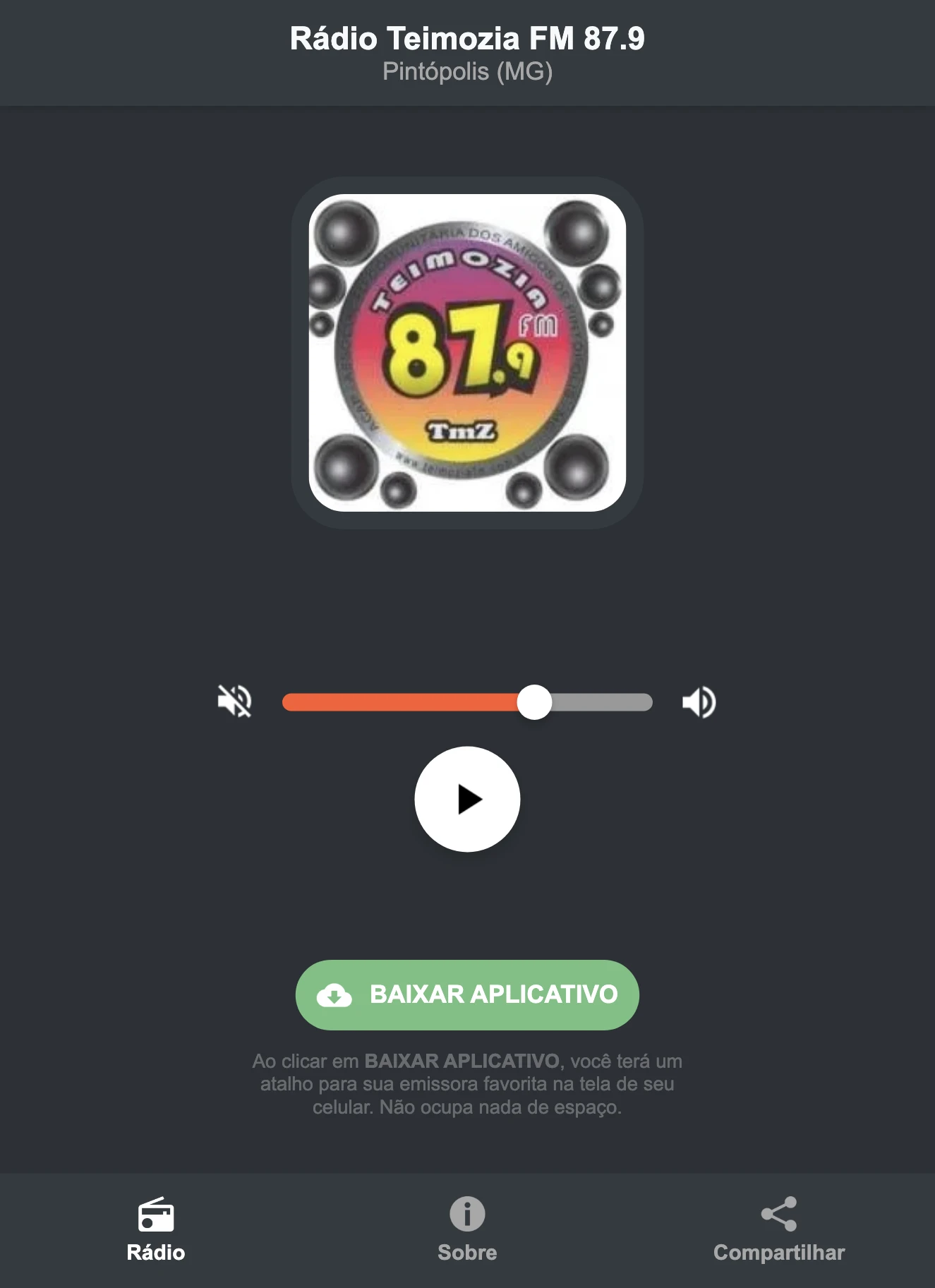 Screenshot do aplicativo da Rádio Teimozia FM 87.9