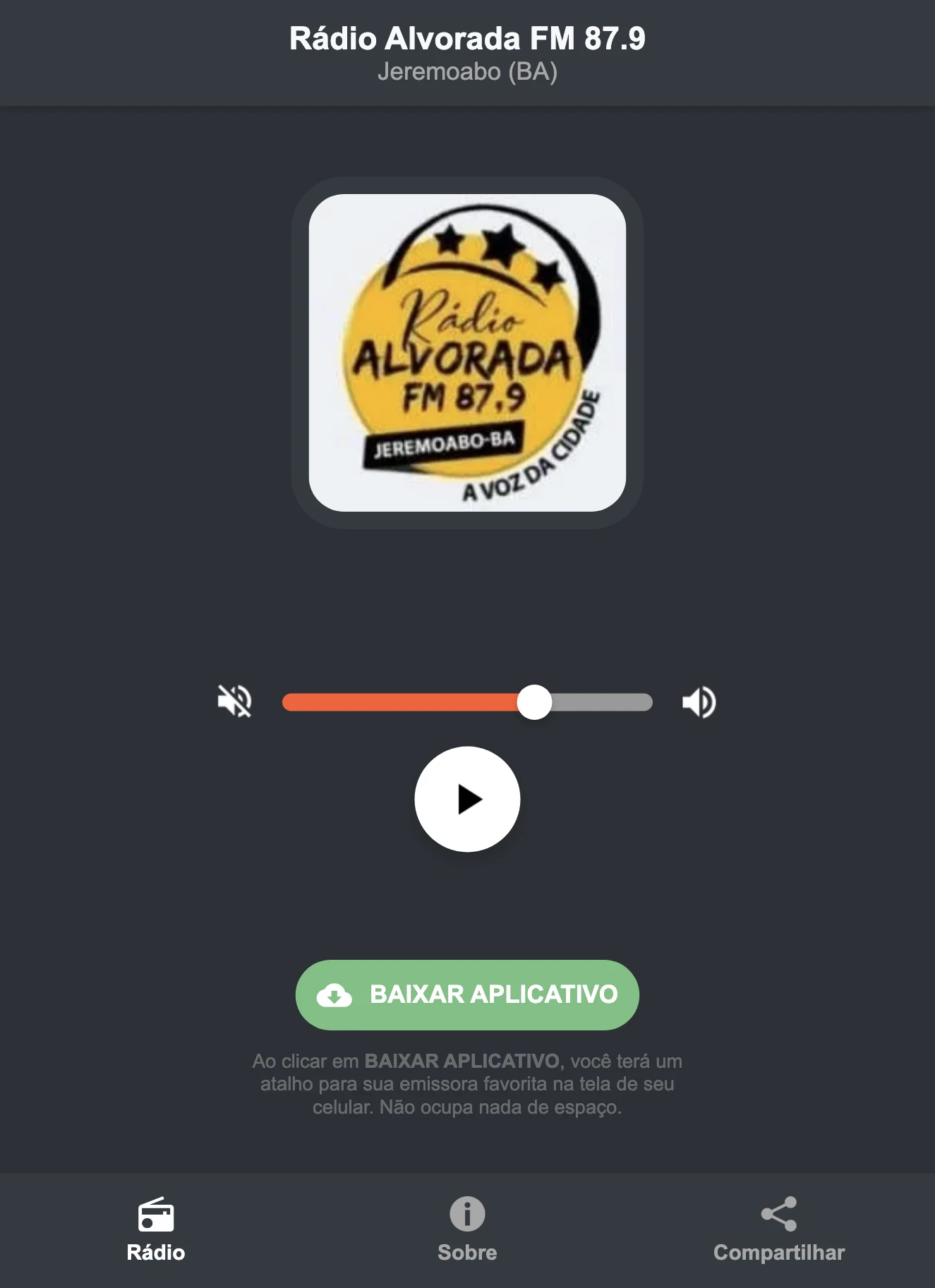 Screenshot do aplicativo da Rádio Alvorada FM 87.9