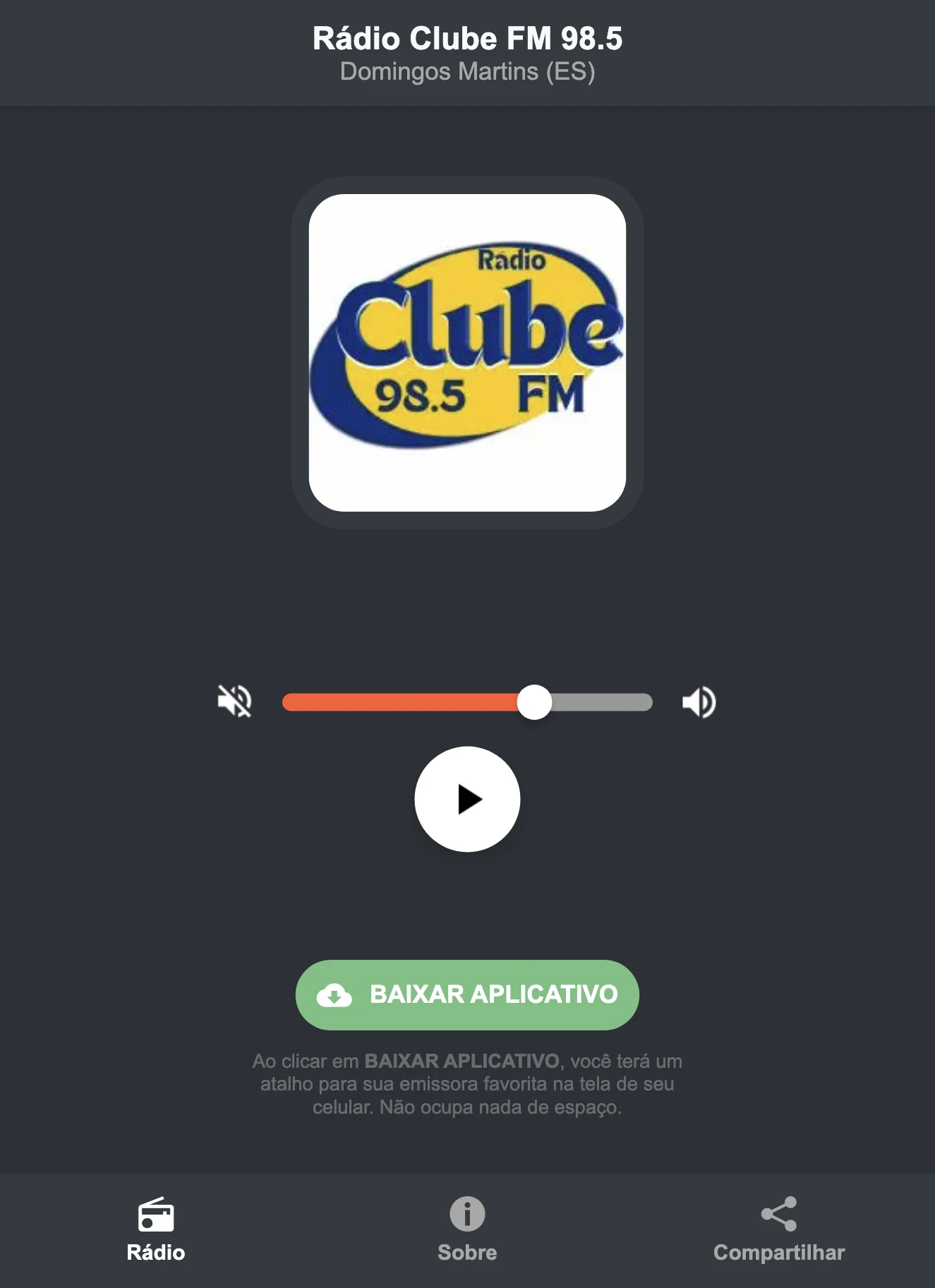 Screenshot do aplicativo da Rádio Clube FM 98.5