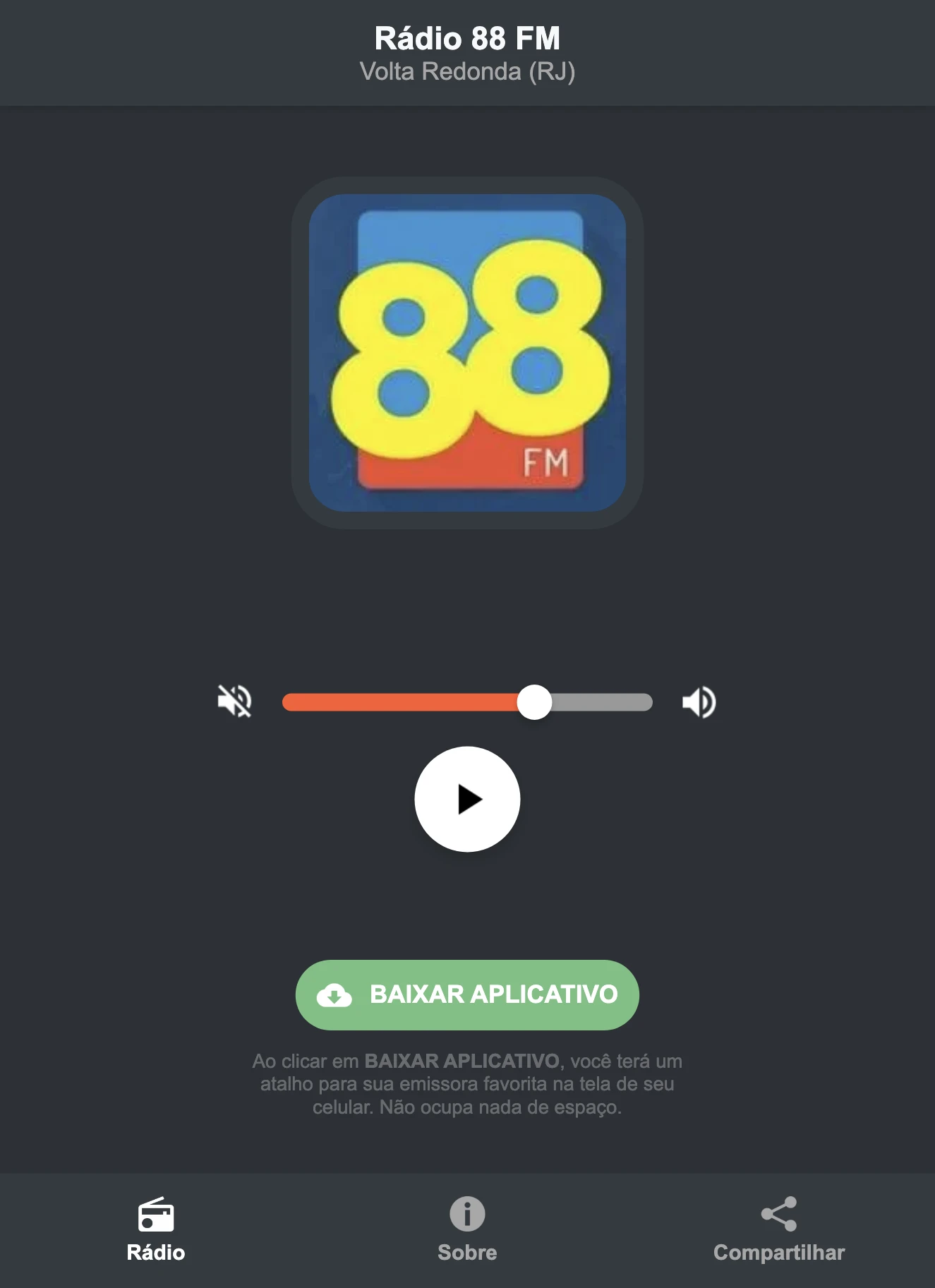 Screenshot do aplicativo da Rádio 88 FM