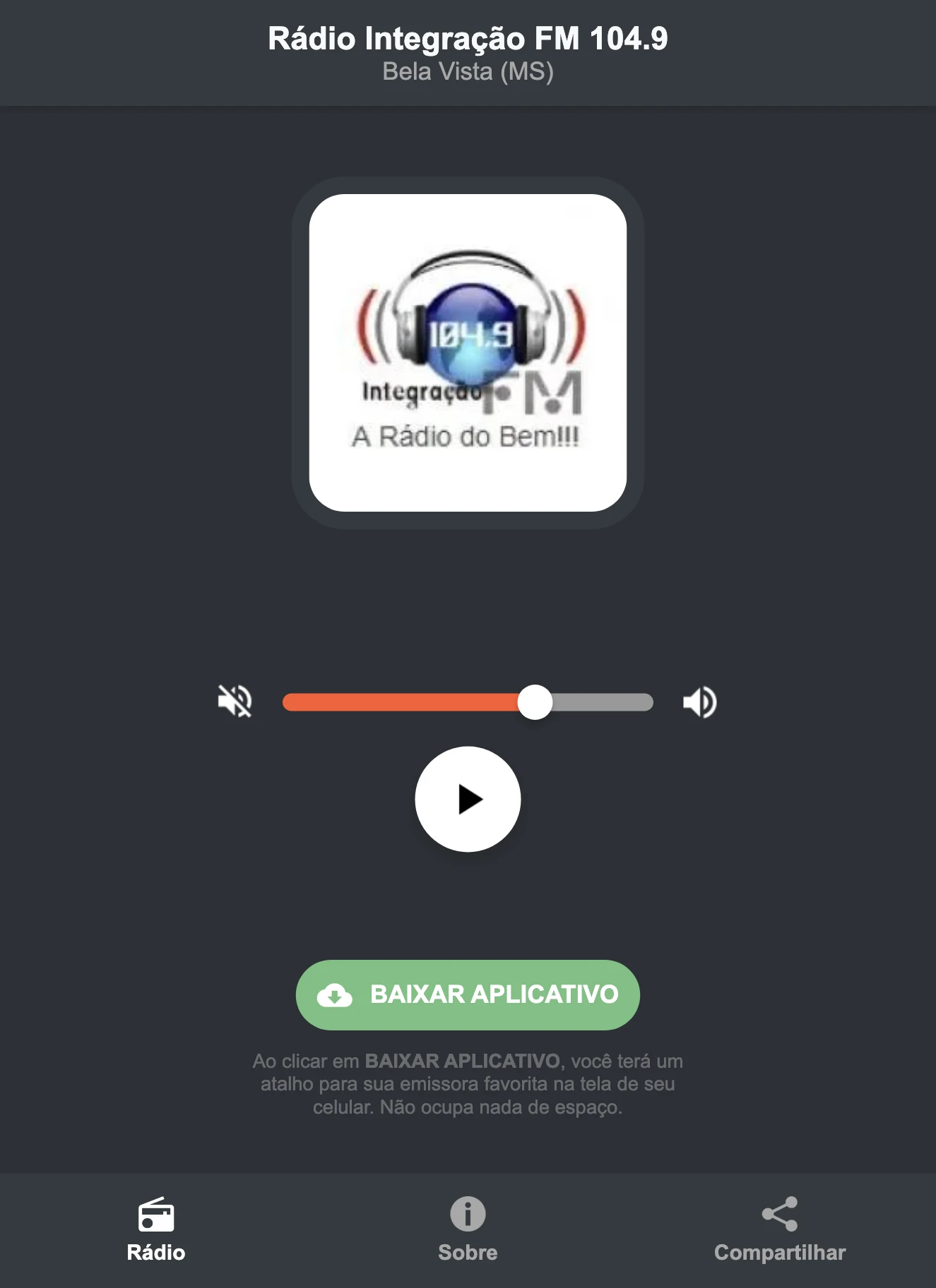 Screenshot do aplicativo da Rádio Integração FM 104.9