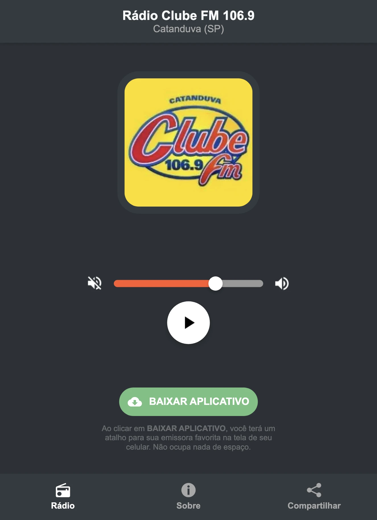 Screenshot do aplicativo da Rádio Clube FM 106.9
