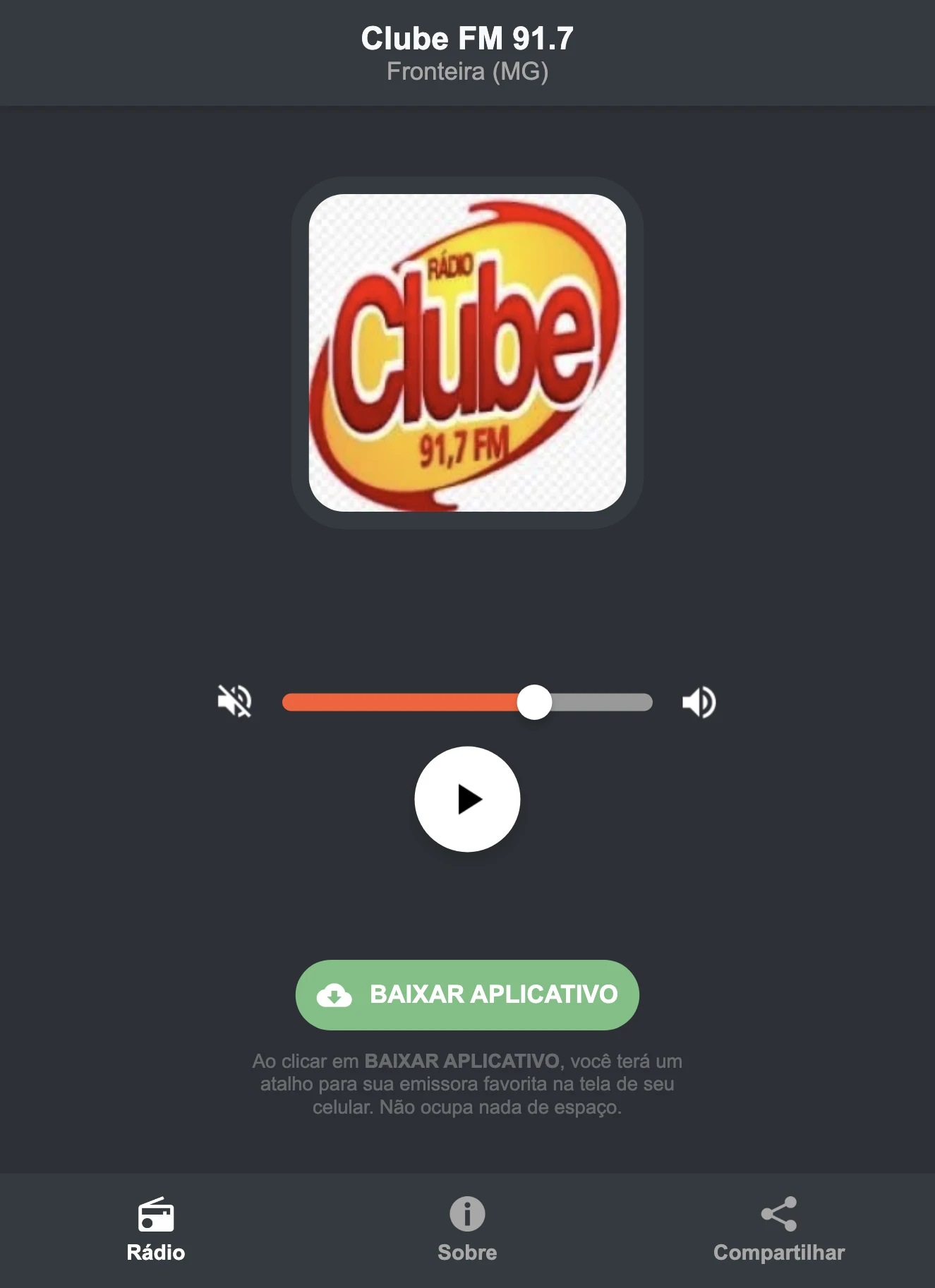 Screenshot do aplicativo da Clube FM 91.7