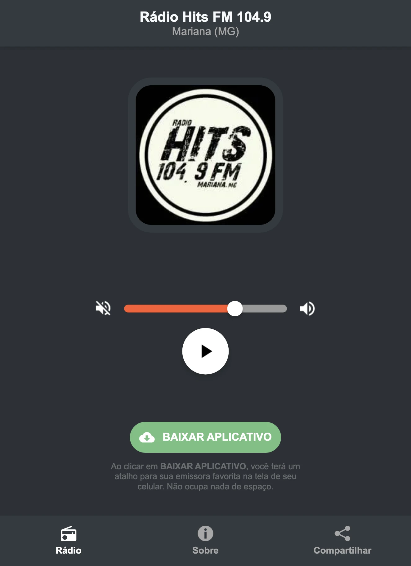 Screenshot do aplicativo da Rádio Hits FM 104.9