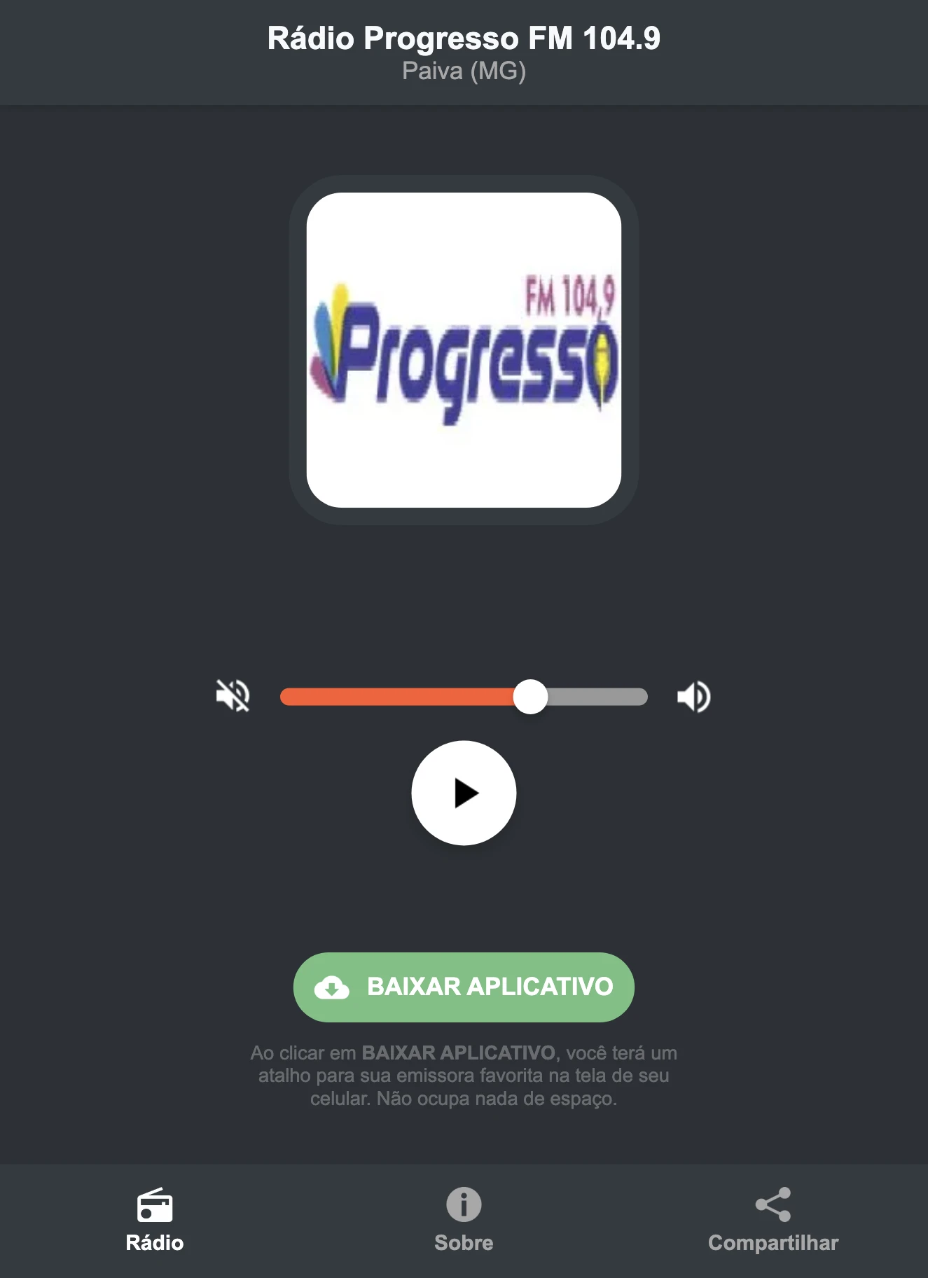 Screenshot do aplicativo da Rádio Progresso FM 104.9