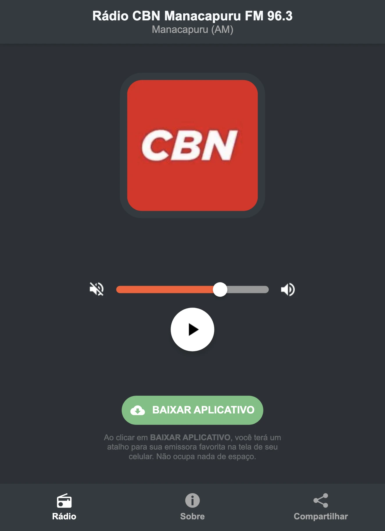 Screenshot do aplicativo da Rádio CBN Manacapuru FM 96.3