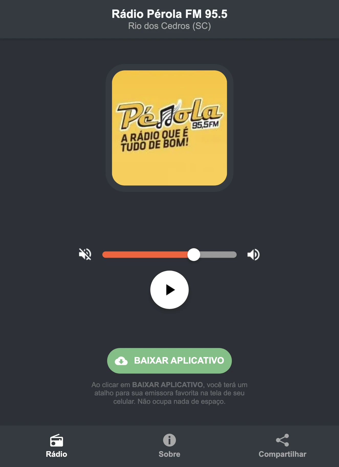 Screenshot do aplicativo da Rádio Pérola FM 95.5