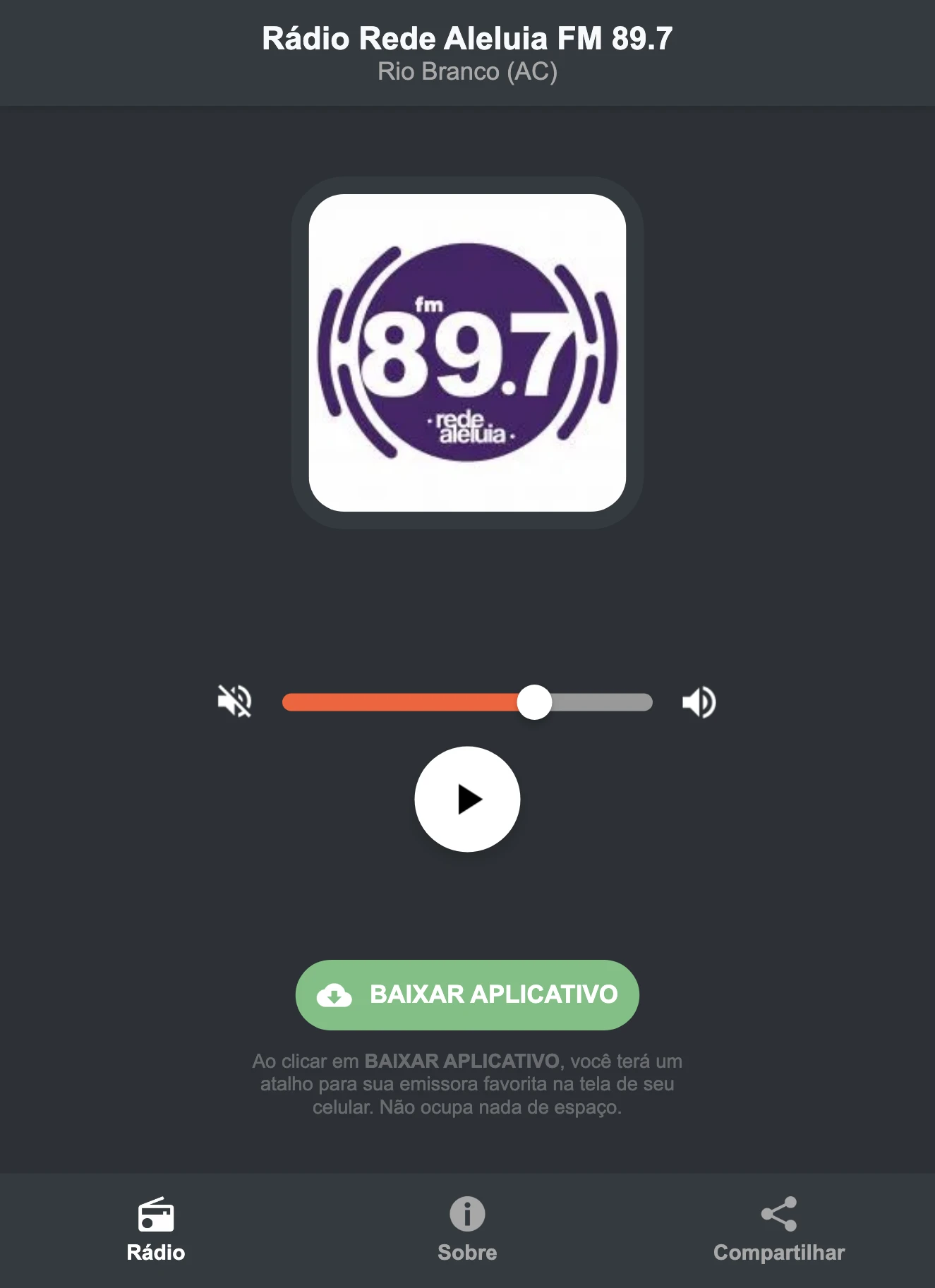 Screenshot do aplicativo da Rádio Rede Aleluia FM 89.7