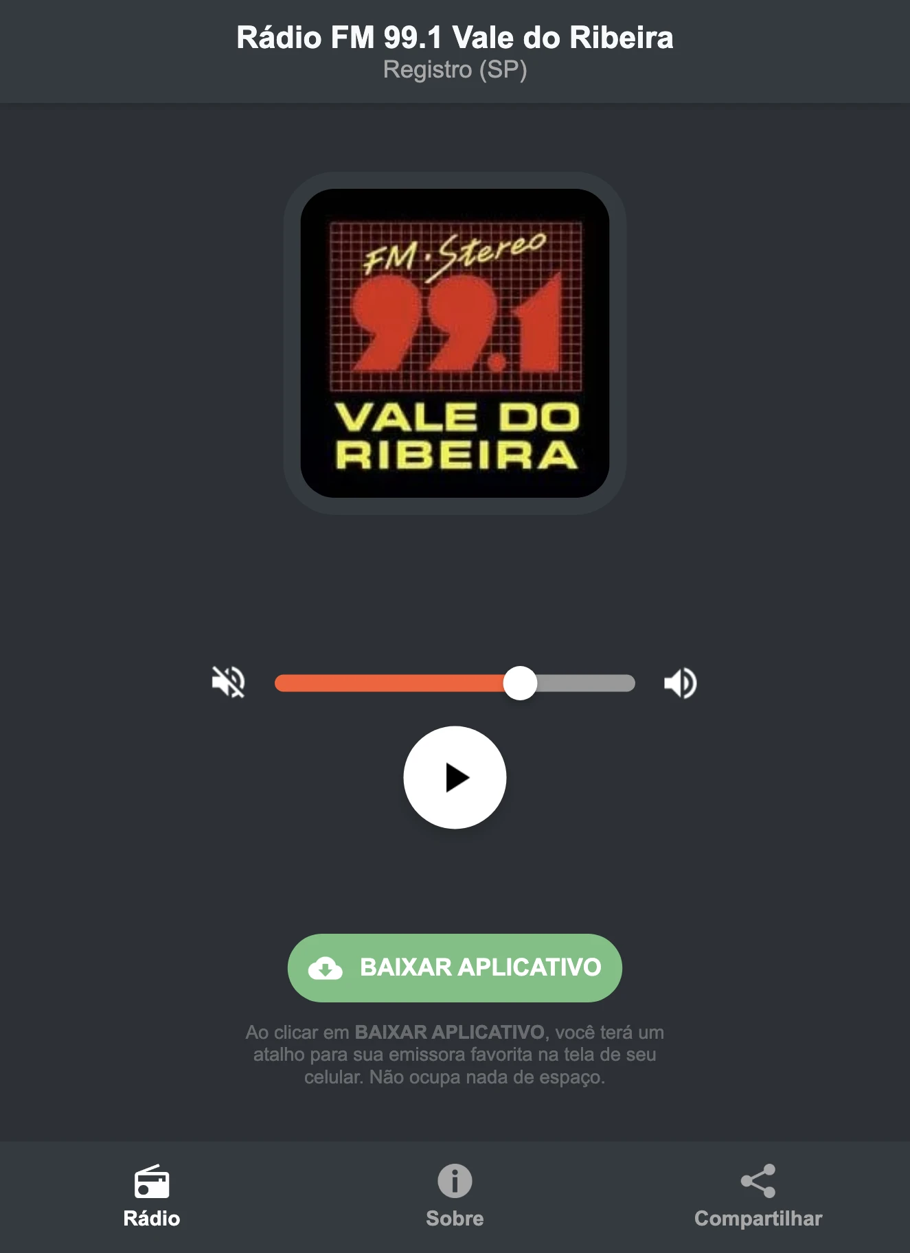 Screenshot do aplicativo da Rádio FM 99.1 Vale do Ribeira