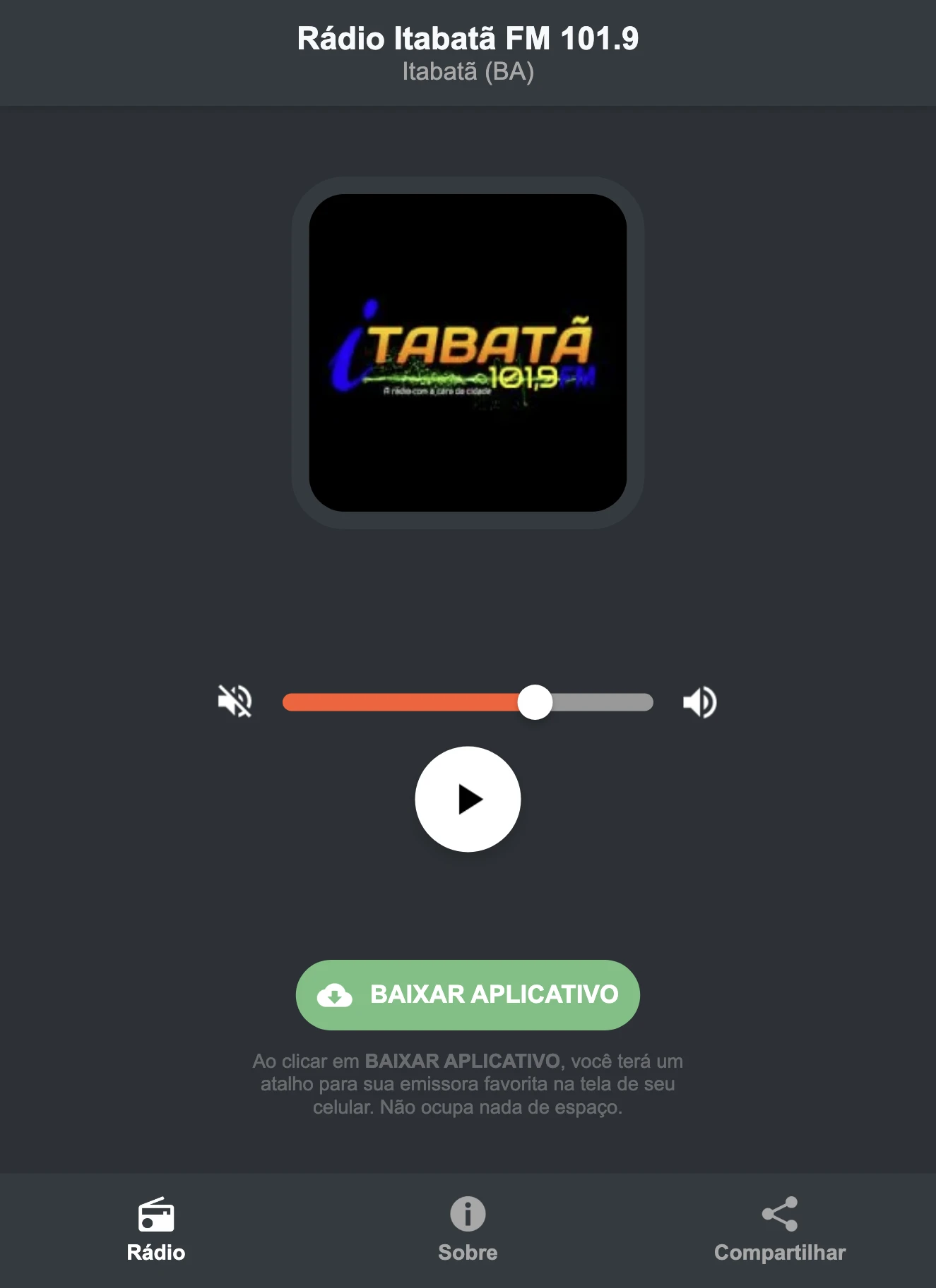 Screenshot do aplicativo da Rádio Itabatã FM 101.9