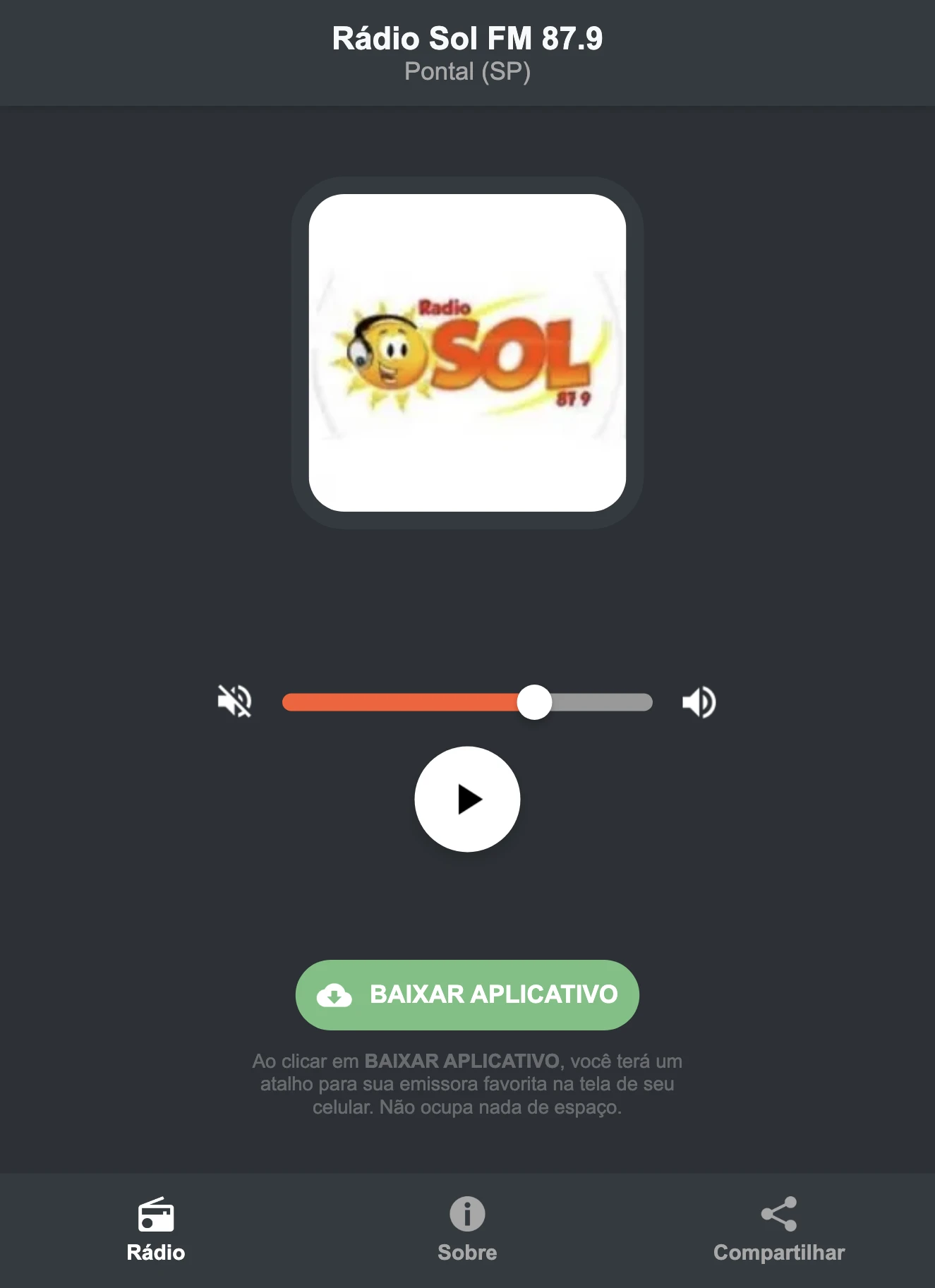 Screenshot do aplicativo da Rádio Sol FM 87.9